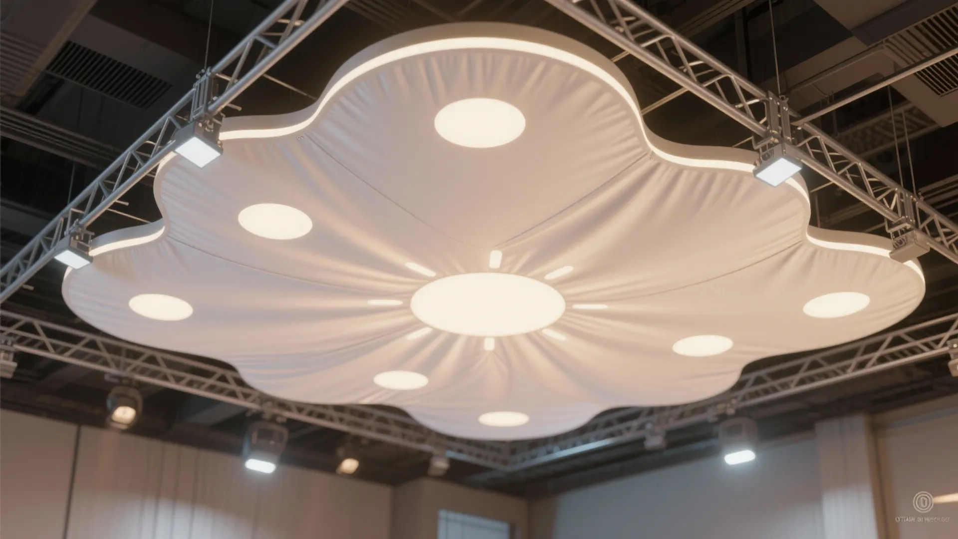 White flower shaped fabric ceiling light fixture mounted on a metal frame in big room