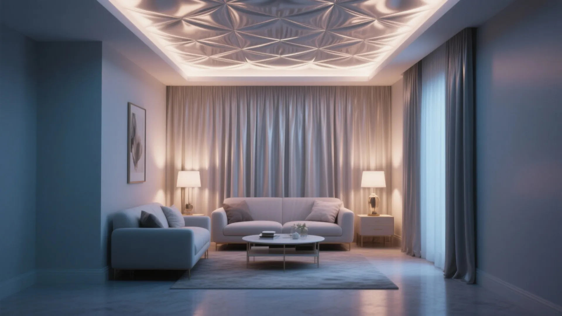 Modern living room with a glowing textured ceiling light and white sofas on a rug