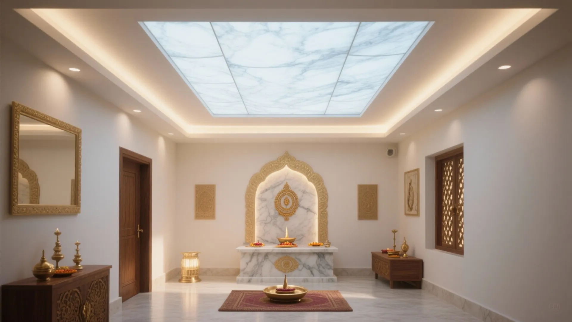 Modern prayer room with marble altar gold decorations warm light fixtures and a ceiling light