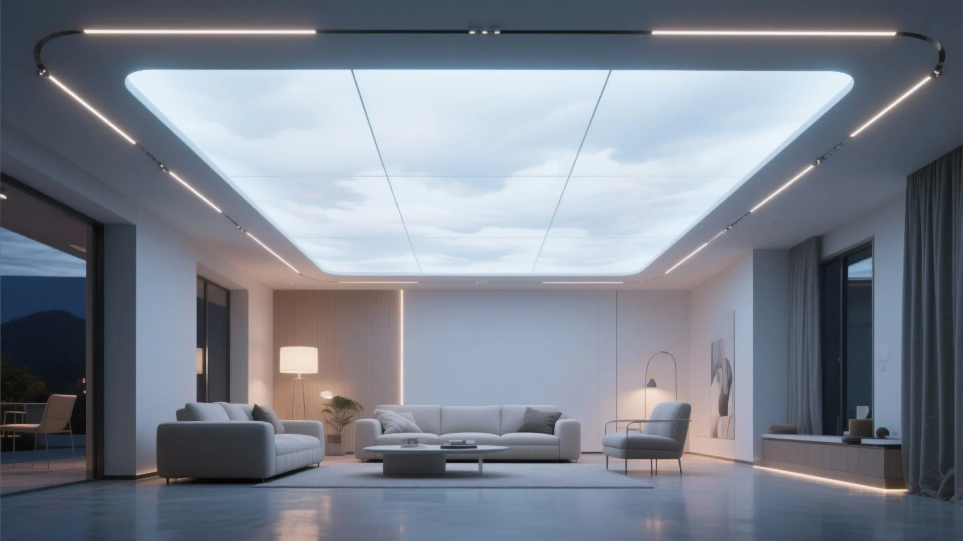 Modern living room featuring a large backlit ceiling panel with soft lighting and white furniture
