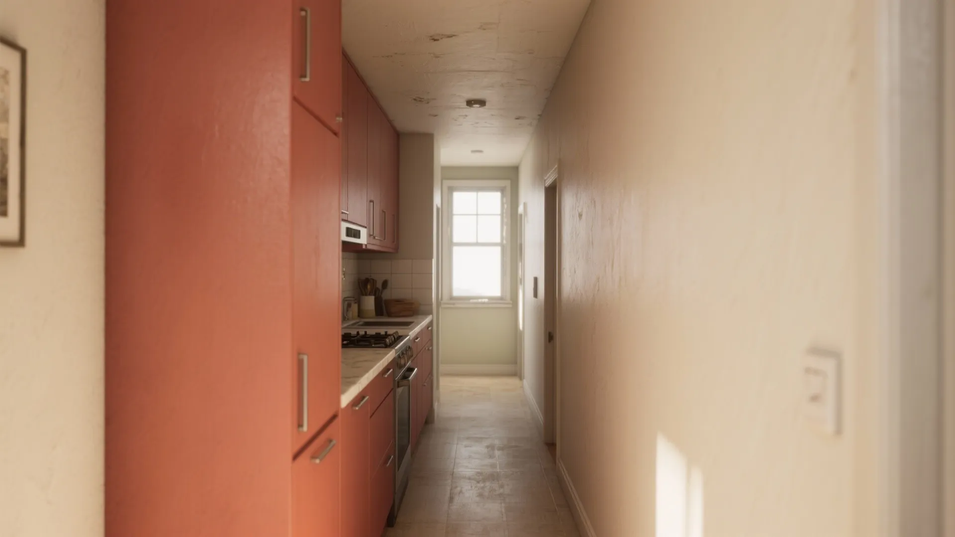 Narrow kitchen with orange cabinets and white walls leading to a window with natural light