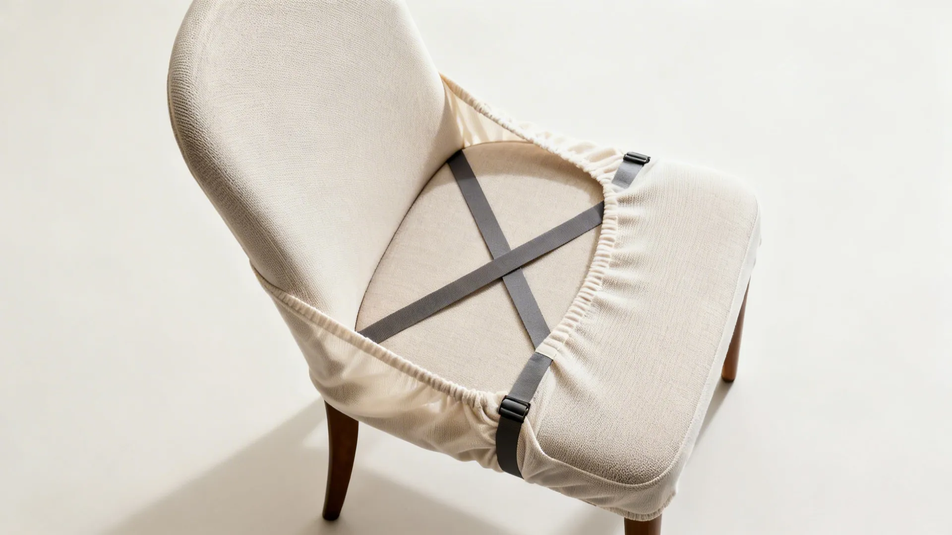 Cream chair cover being installed using grey elastic straps on bottom of a wooden chair