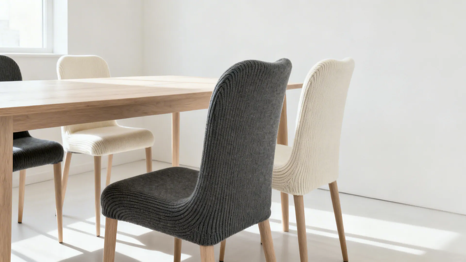 Wooden dining table with four chairs wearing dark grey and cream ribbed knit fabric covers