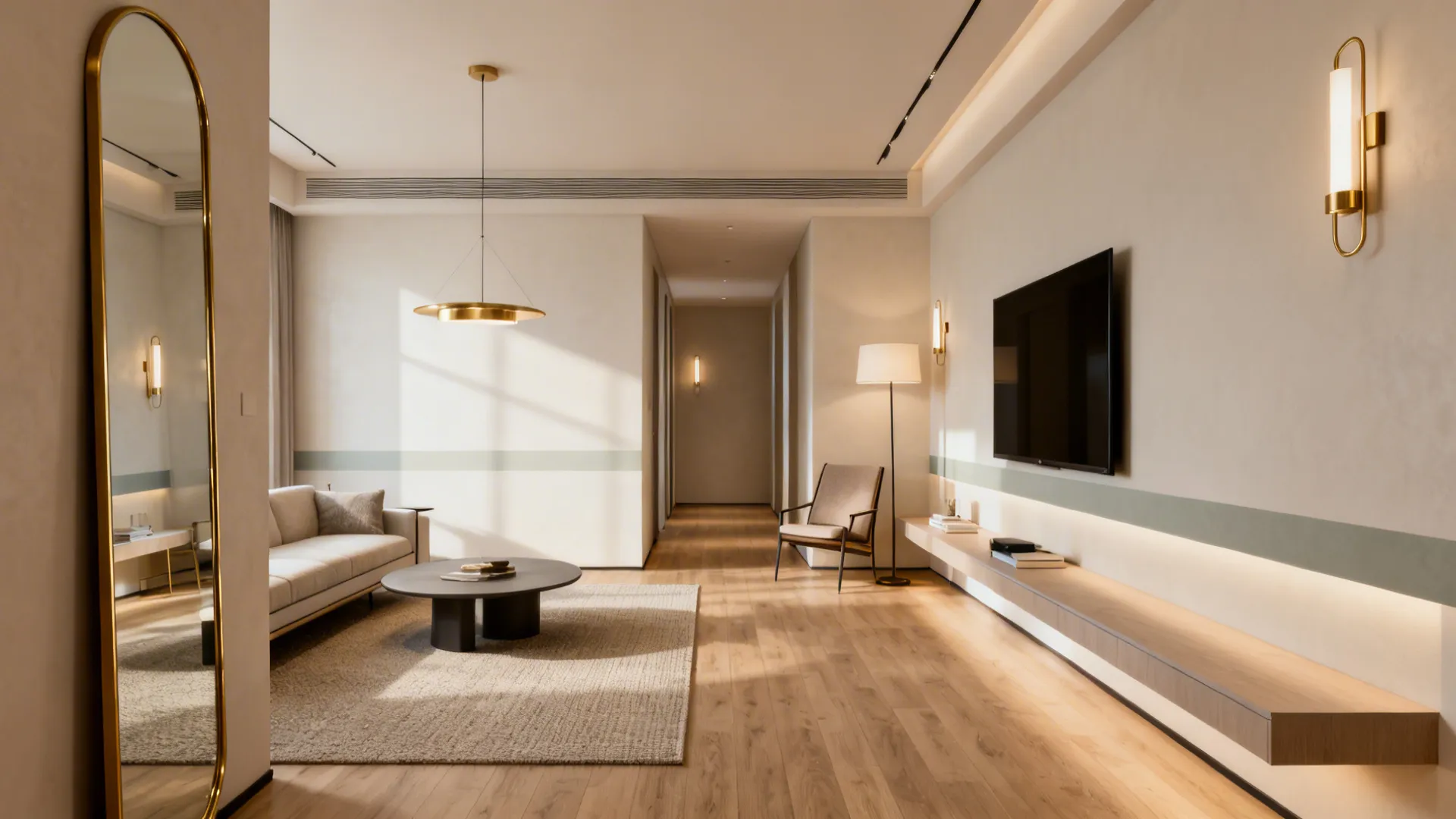 Modern living room with beige sofa round black coffee table wall mounted television and gold lighting