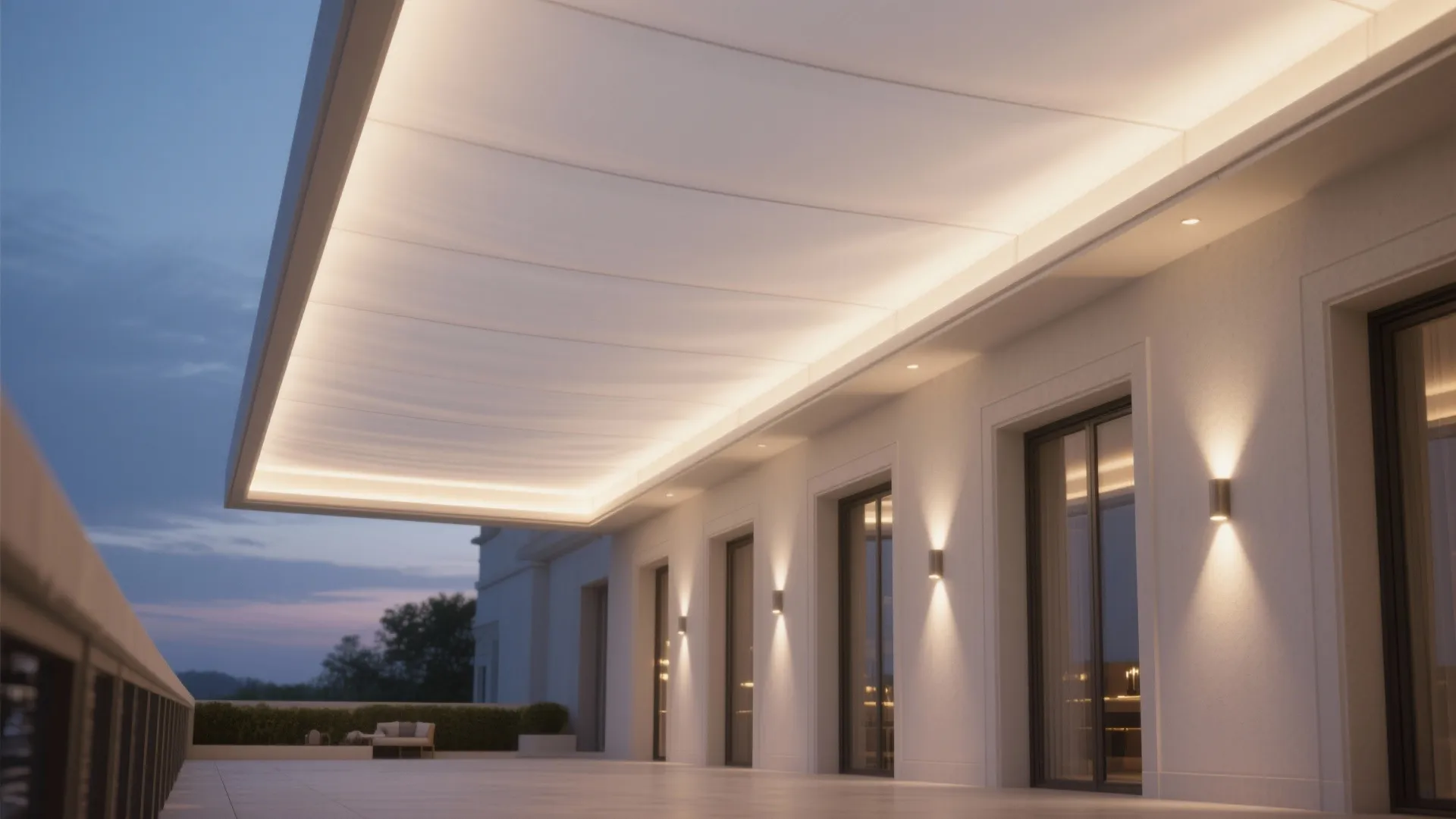 Modern outdoor balcony with white ceiling light panels and wall light fixtures during the evening