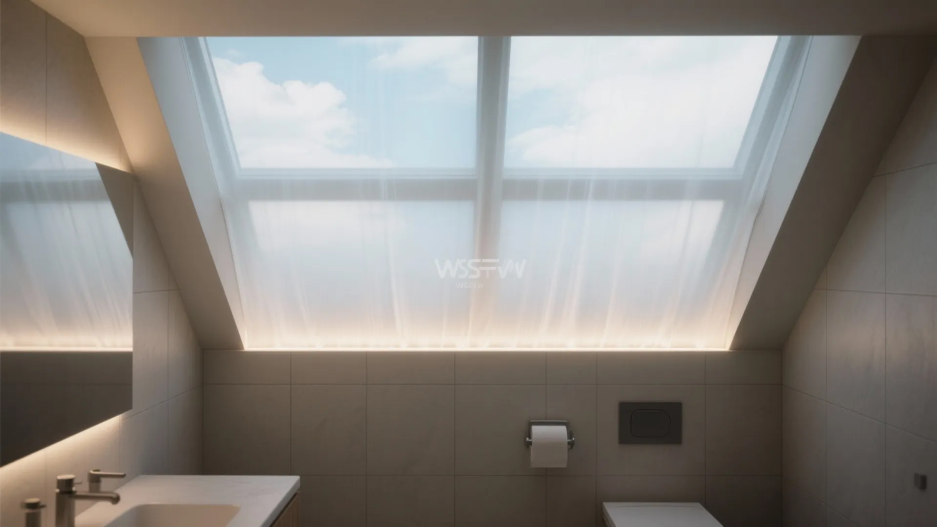 Modern bathroom with roof window, soft natural light, white walls, toilet, and simple wash basin