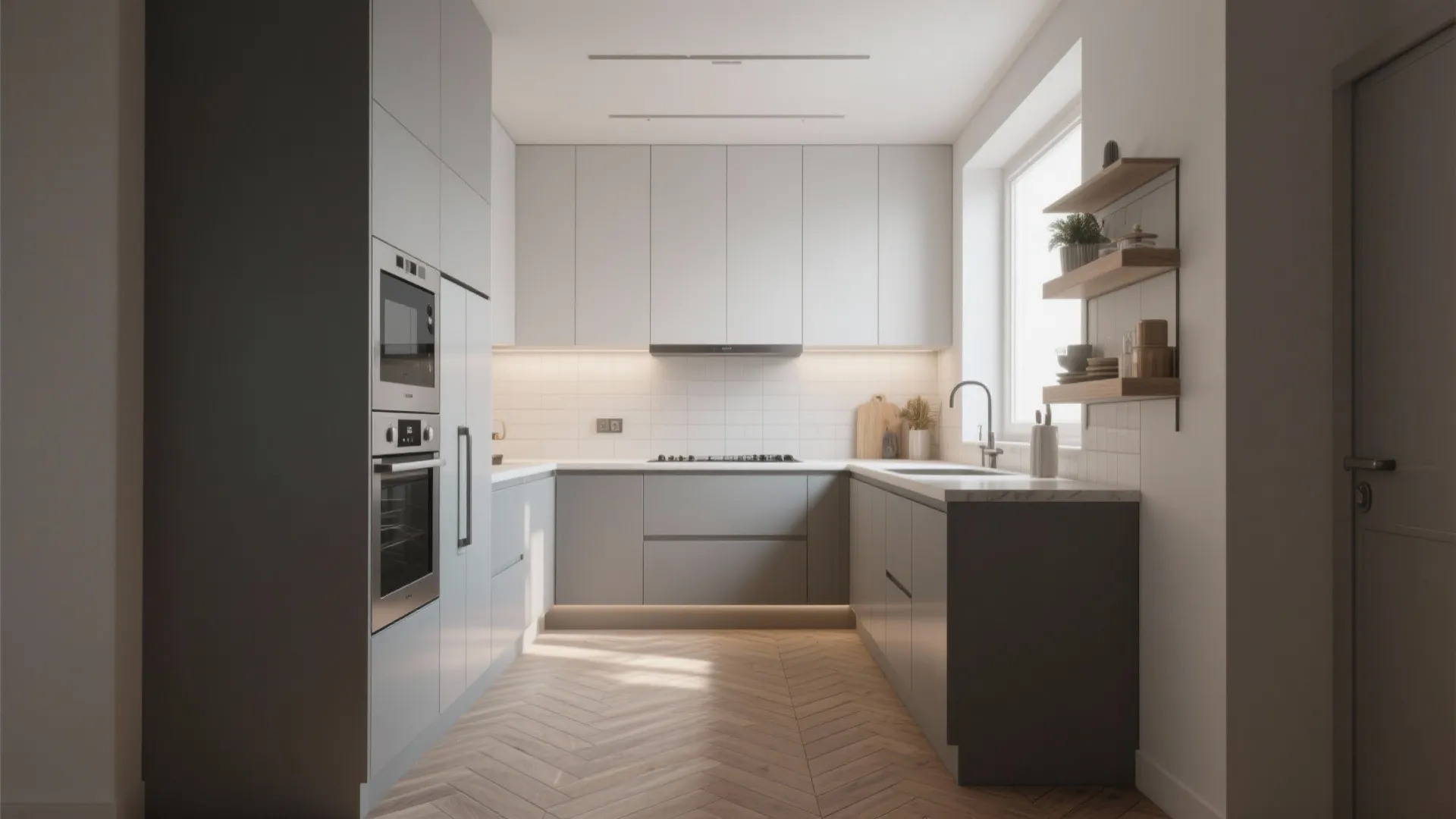 Contemporary kitchen with stretched large-format herringbone tiles creating subtle texture and minimal grout lines.