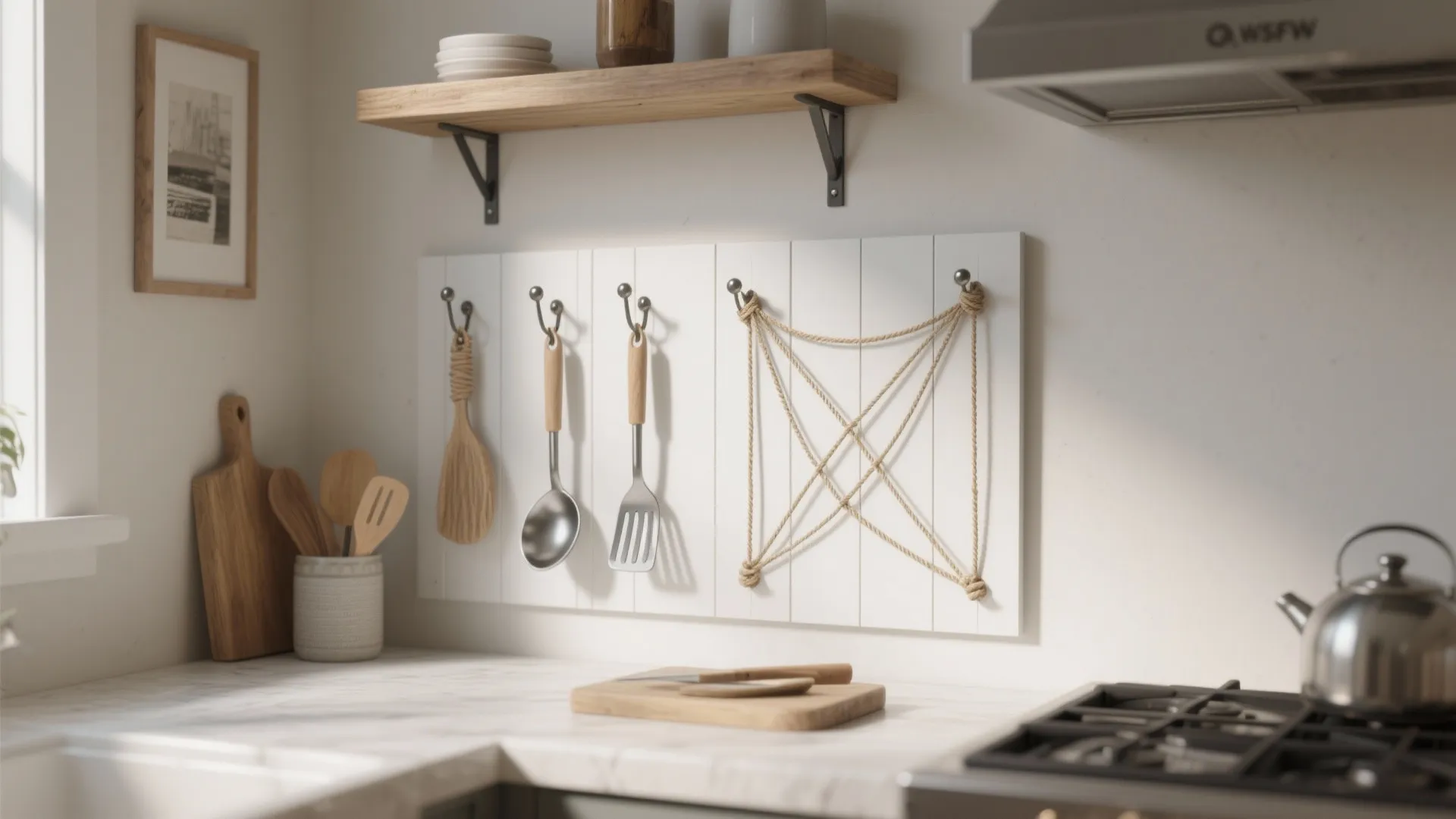 Kitchen mini-feature wall with painted panel, nails and string forming minimalist hooks and art.