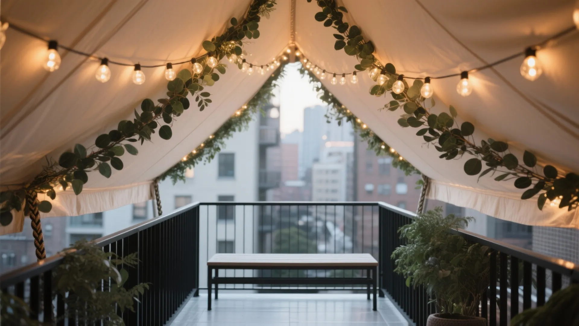 String-light canopy and layered greenery