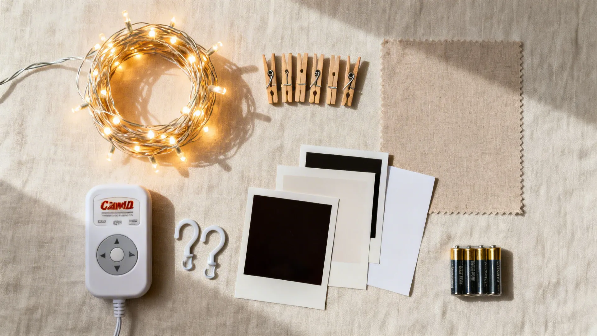 Flat lay of warm LED string lights, mini clips, matte photo paper, and hooks for a gallery wall.