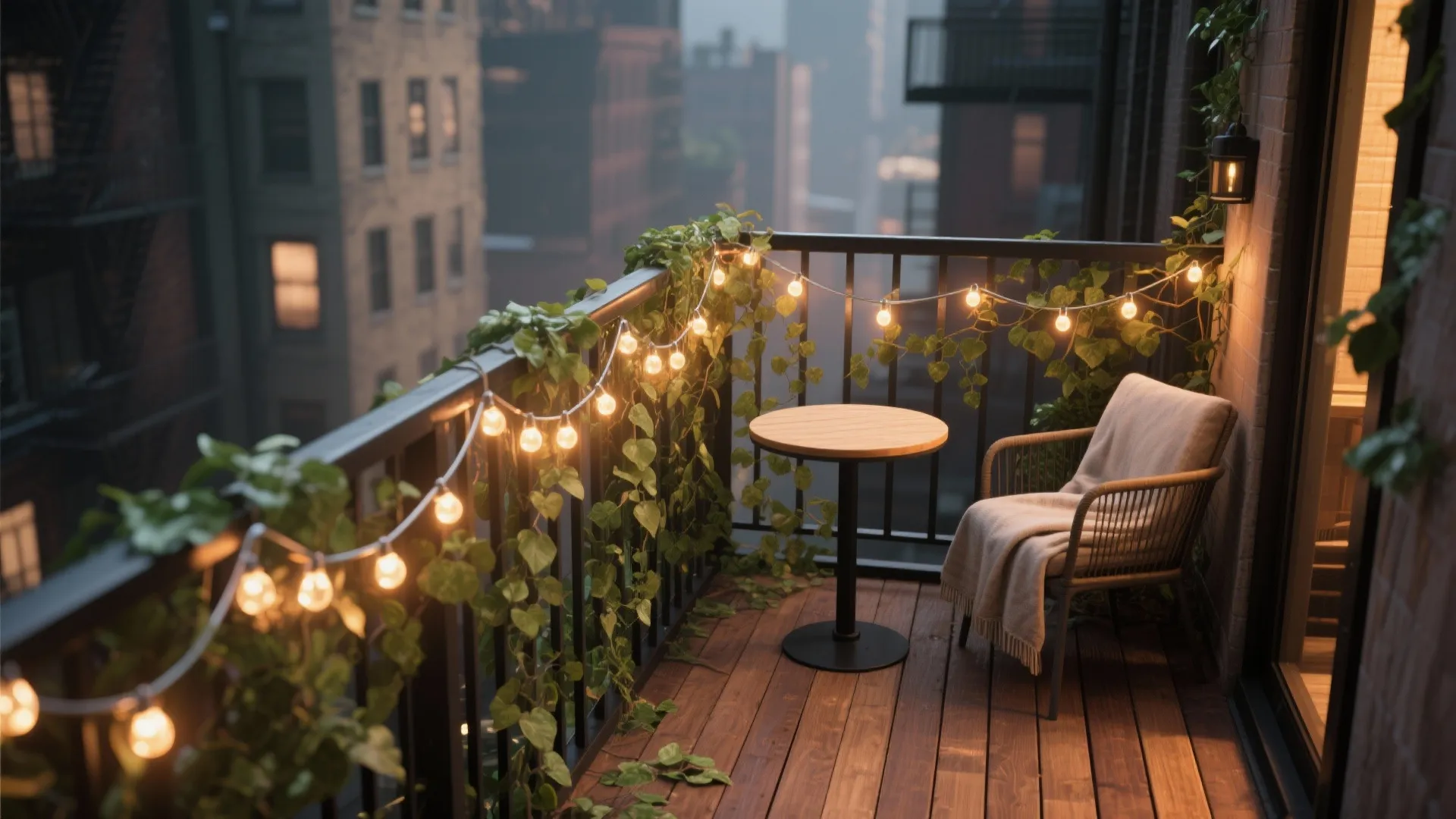Cozy balcony featuring wooden floor green vines string lights small round table and grey chair
