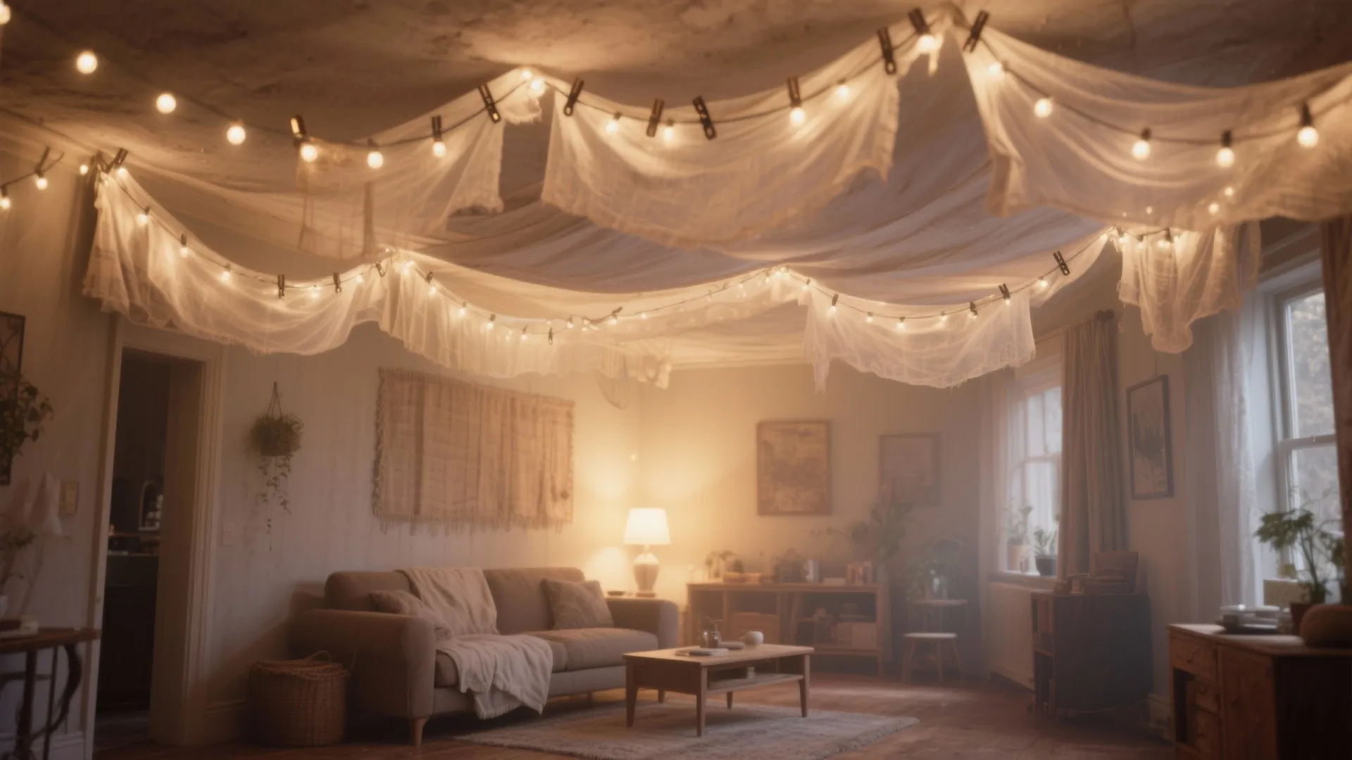 Cozy living room interior with a white fabric canopy and warm string lights on the ceiling