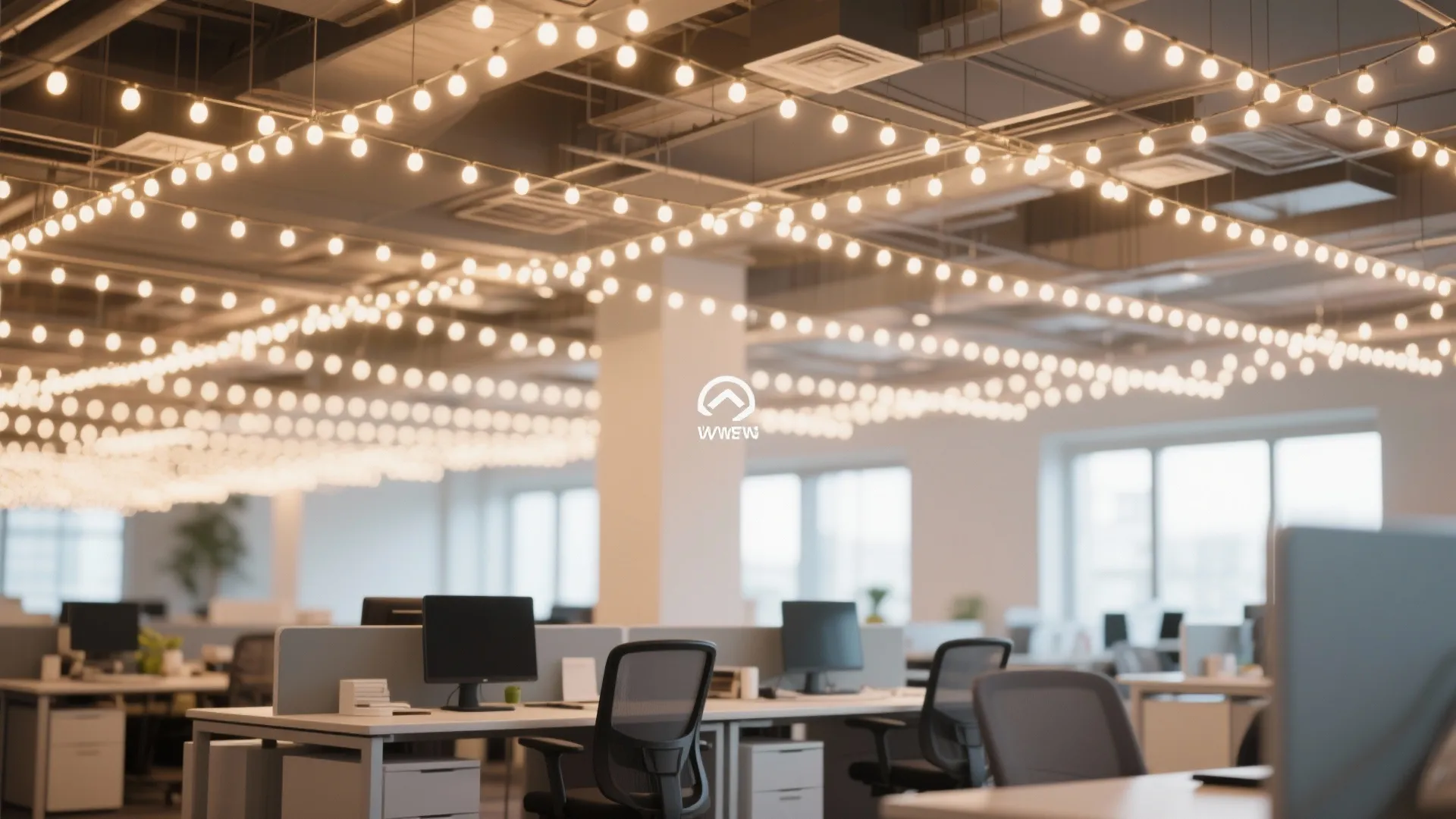 Modern office workspace with rows of desks and warm string lights hanging from the high ceiling
