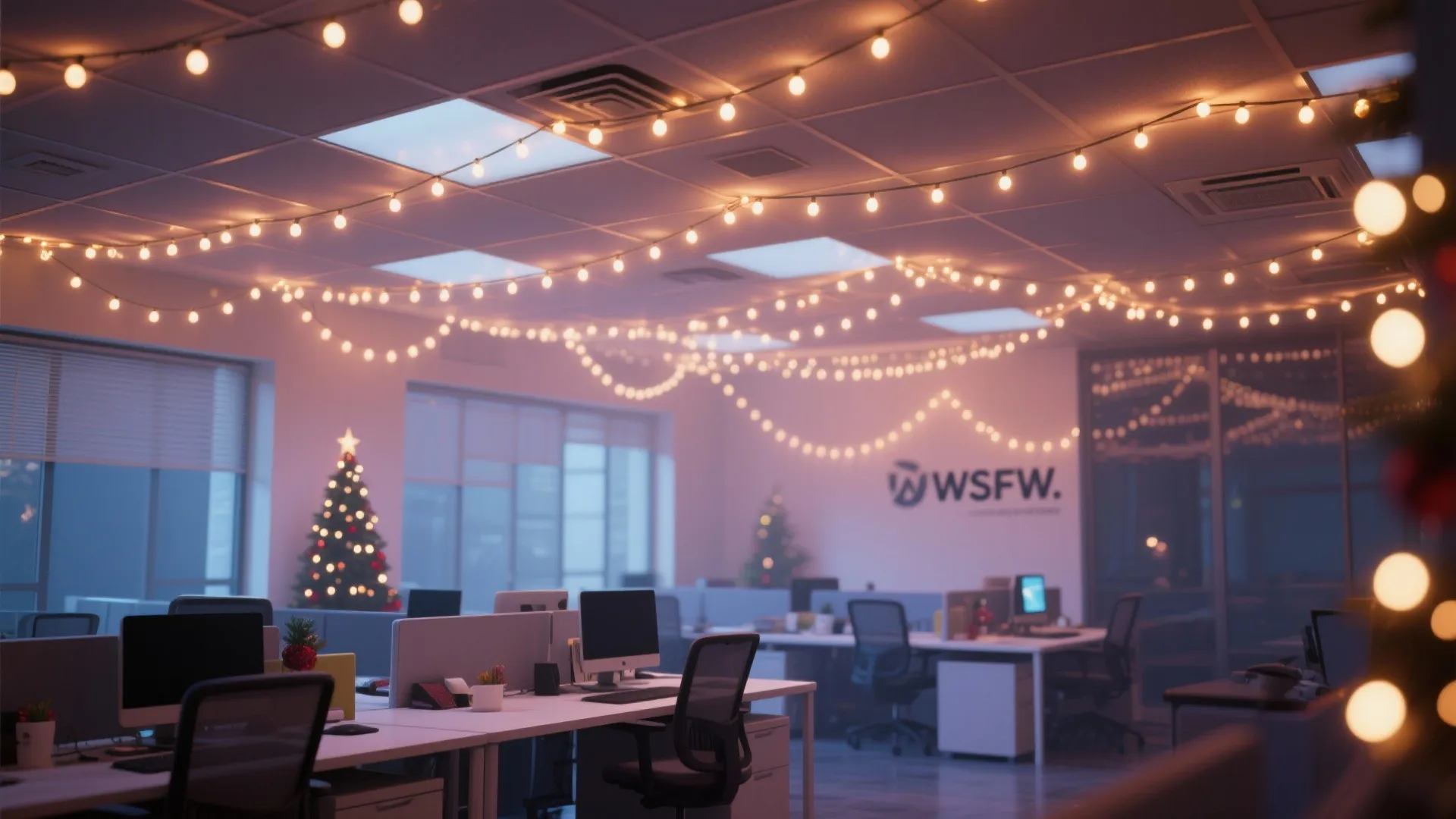 Modern office workspace with warm string lights on the ceiling and a small Christmas tree