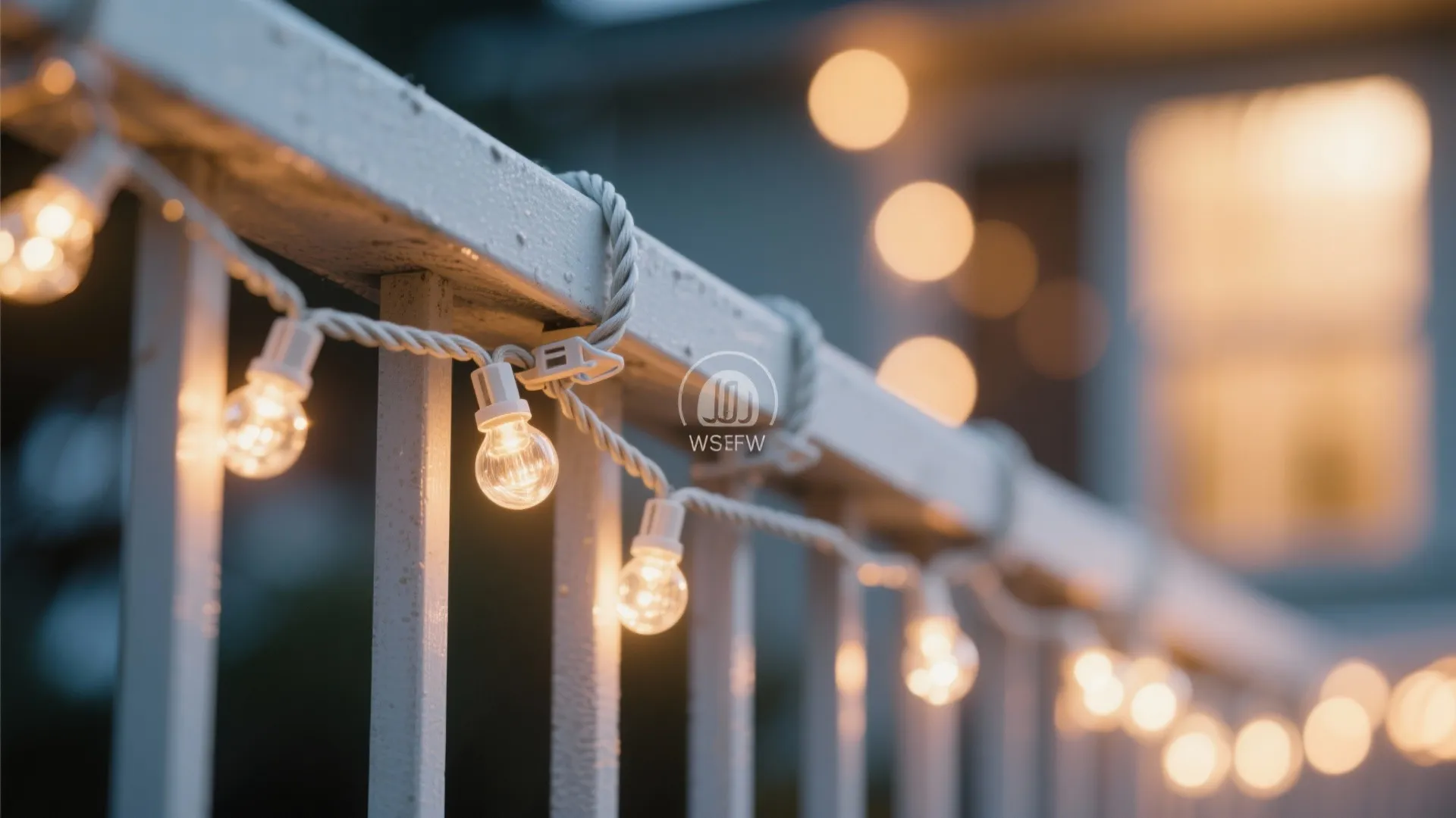 Close-up of warm string lights clipped beneath a balcony railing with weatherproof clips.
