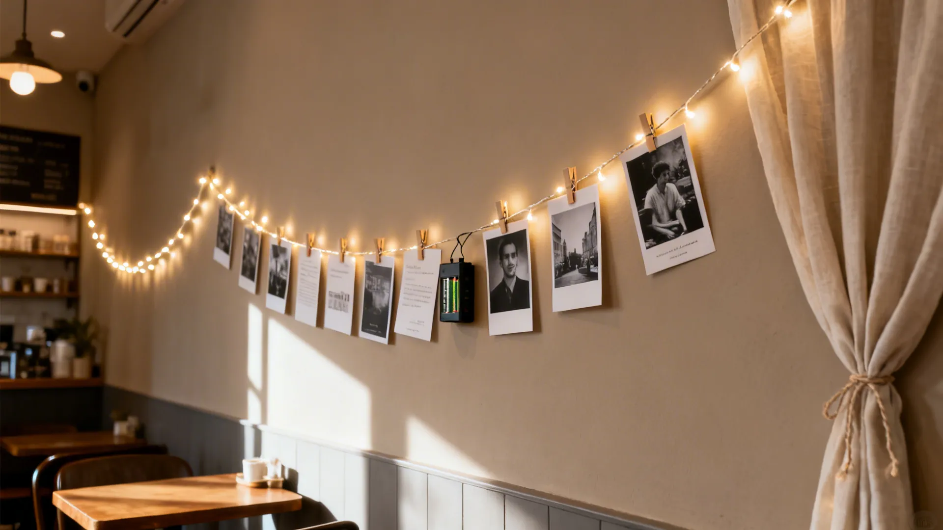 Warm LED string lights with clipped postcards and prints create a cozy photo display.