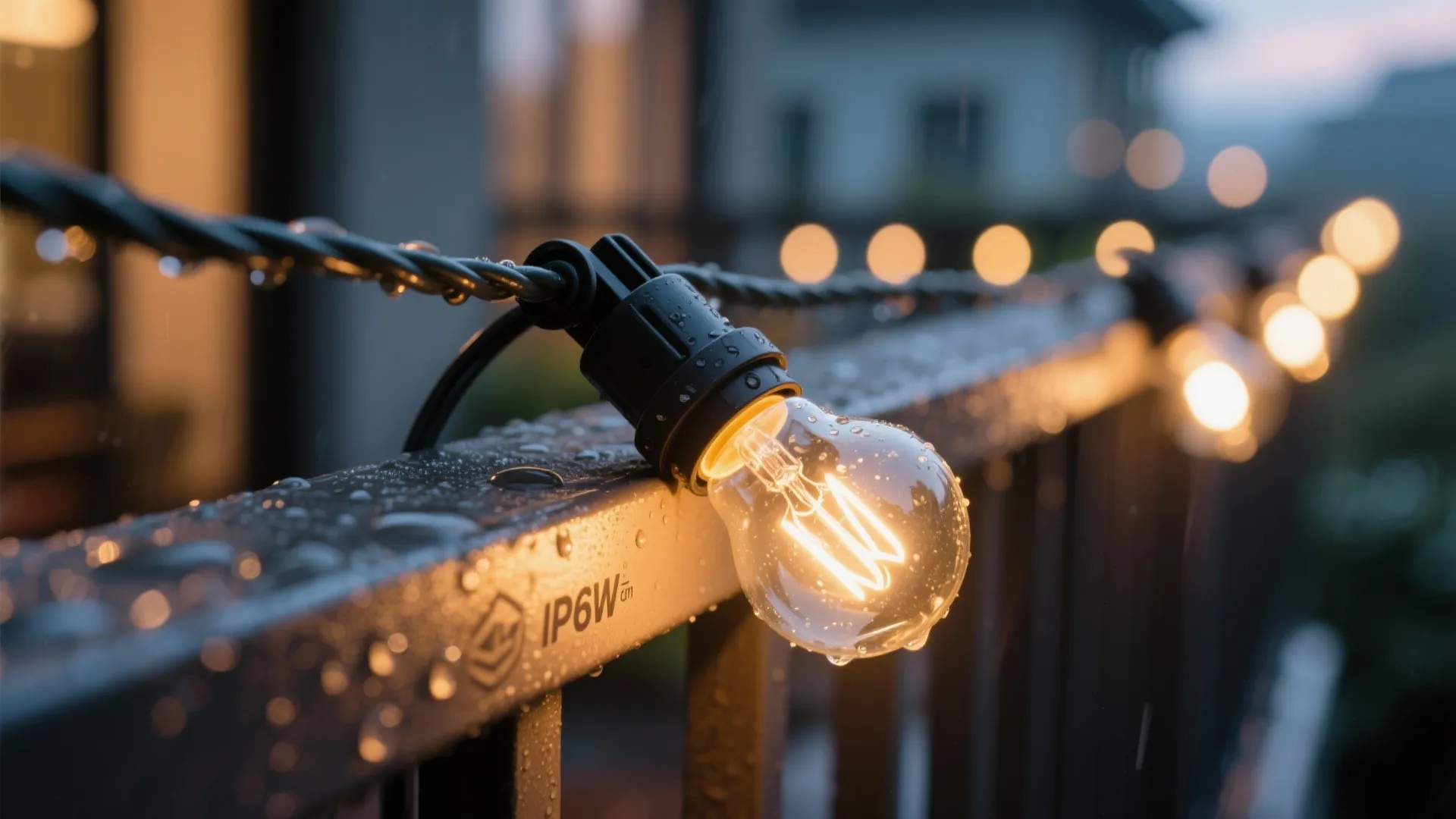 Macro of a warm string light bulb and weatherproof cable clipped to a balcony rail.