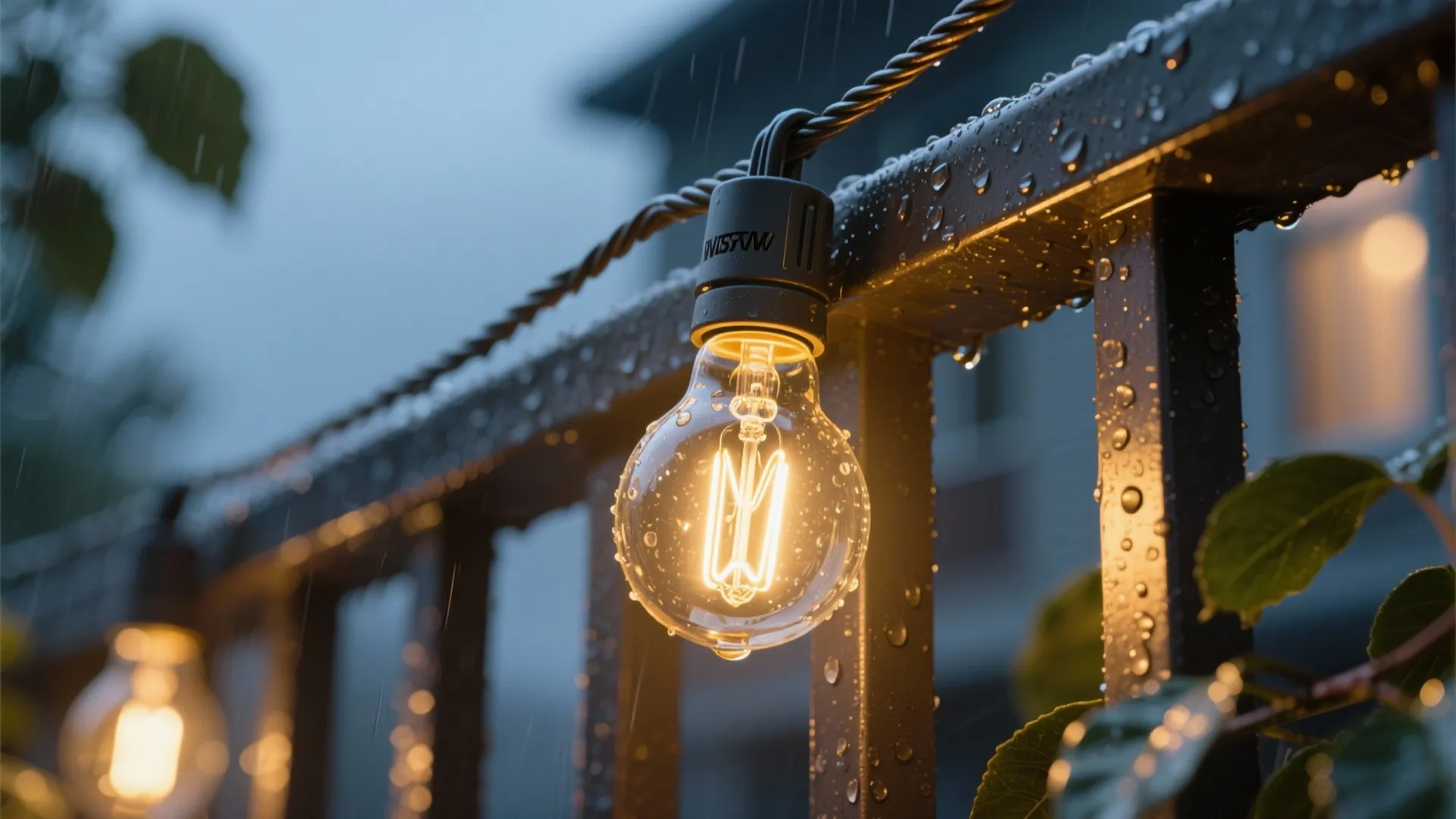 Macro of a warm globe string light clipped to a balcony rail at dusk.
