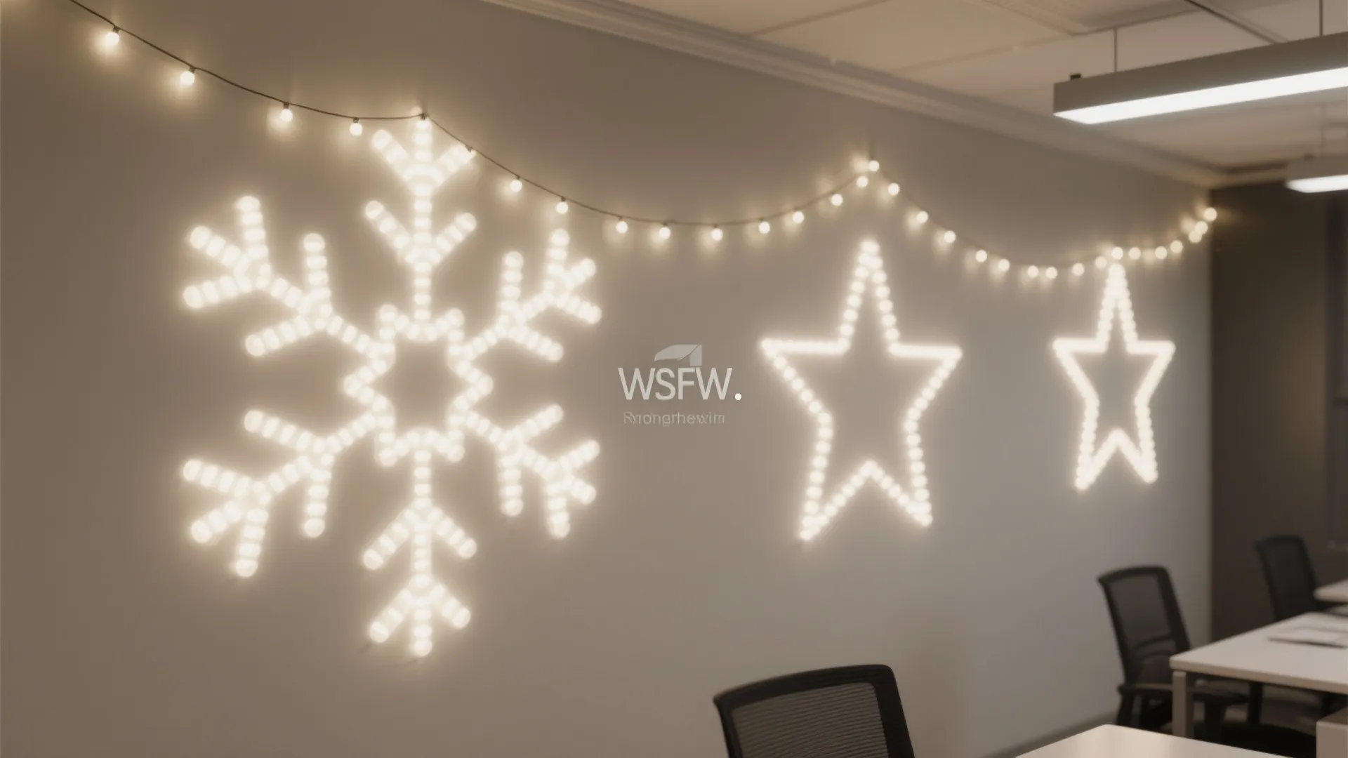 Office wall decorated with glowing string lights forming large snowflake and star shapes for Christmas