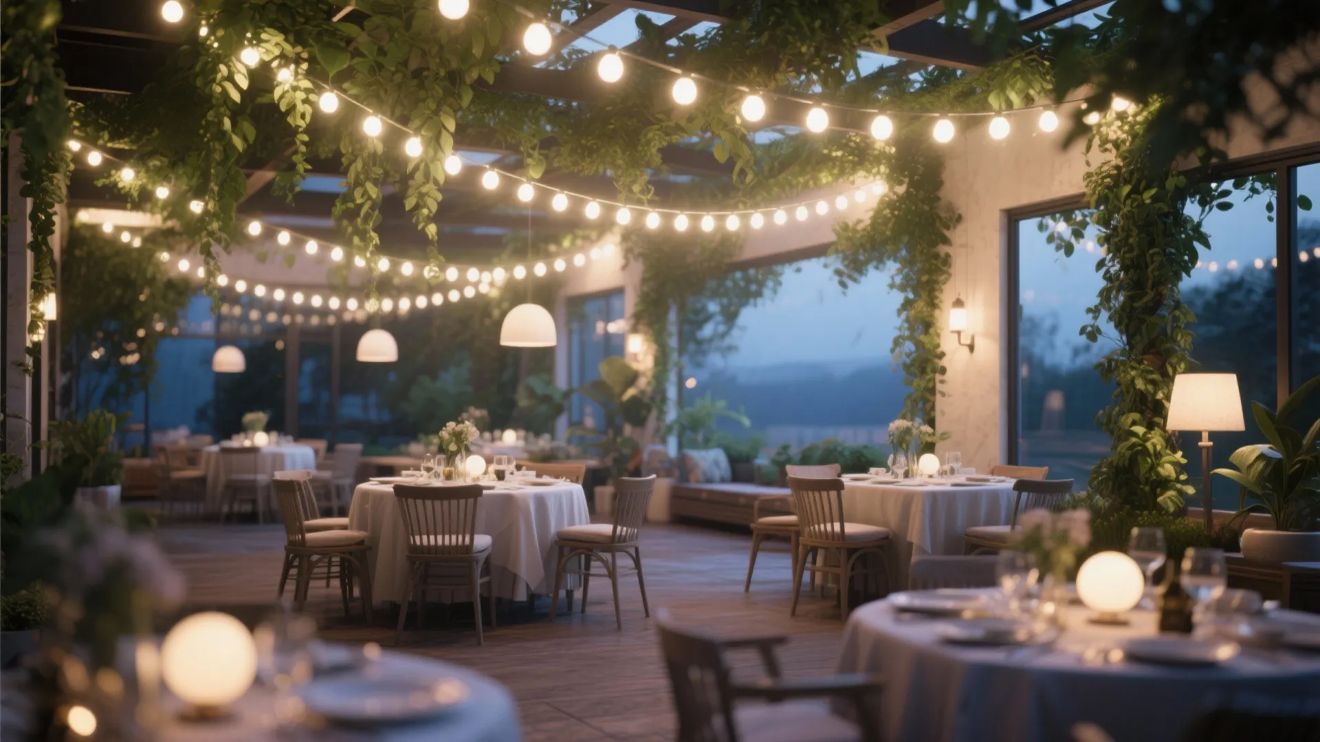 Evening outdoor restaurant patio decorated with string lights green plants round tables and white chairs