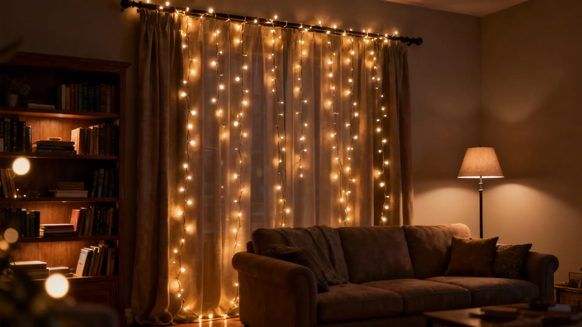 Battery string lights draped behind a sofa and inside a bookcase adding a cozy ambient glow