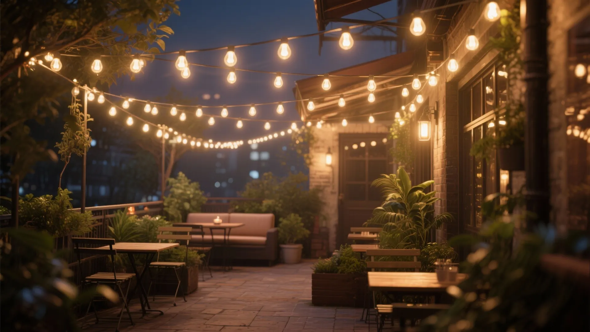 Bistro string lights crisscrossing a small patio creating instant warm ambiance