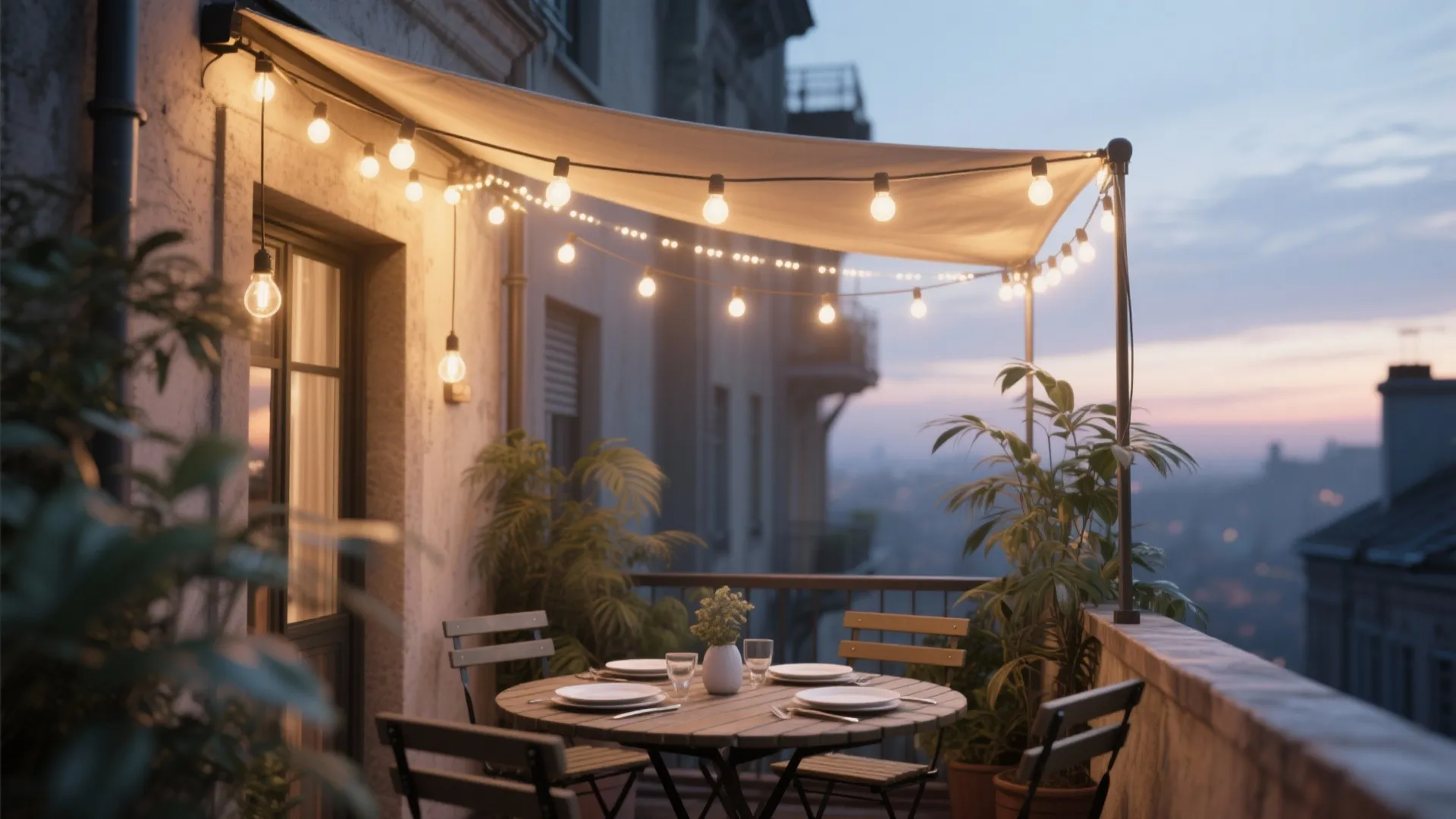 String lights forming a canopy above a small balcony dining table, anchor points and tensioned wire visible.