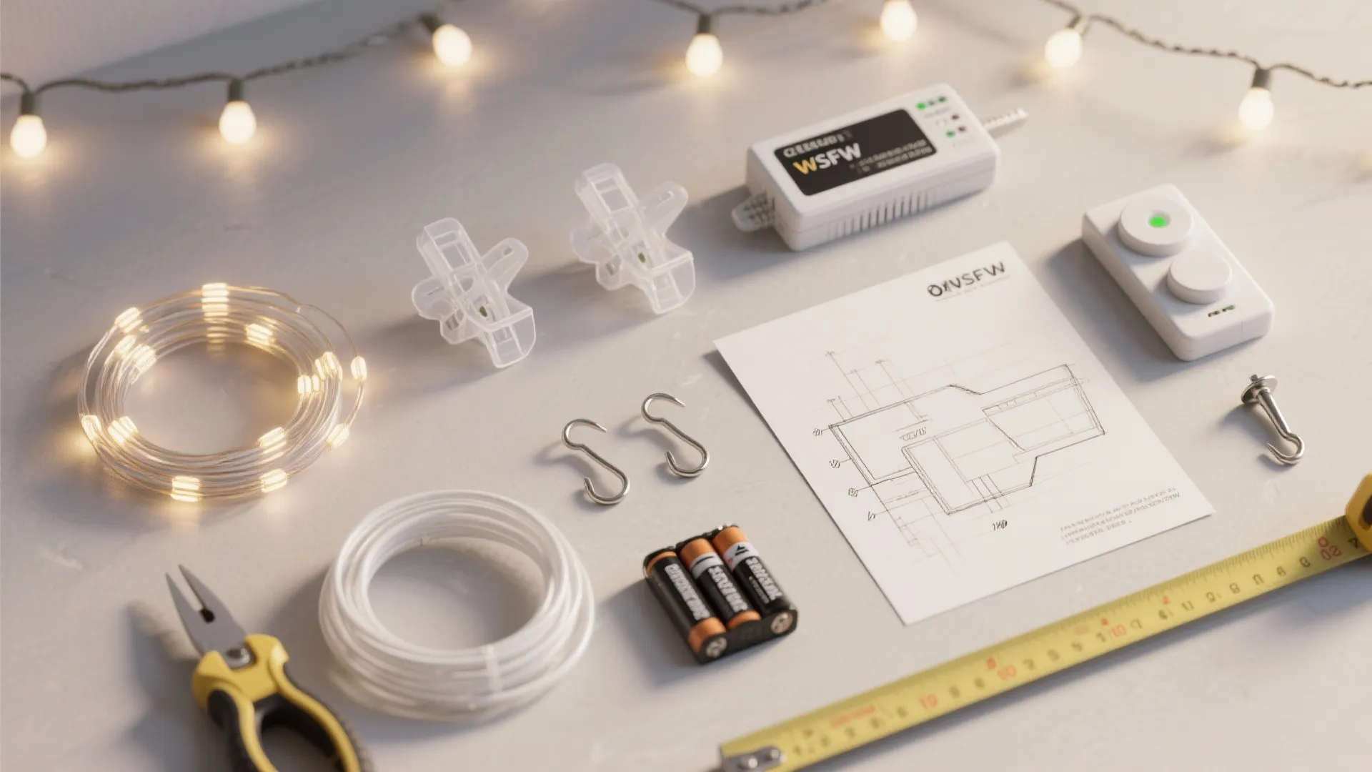 Tools for lighting installation including string lights batteries measuring tape pliers and a simple drawing