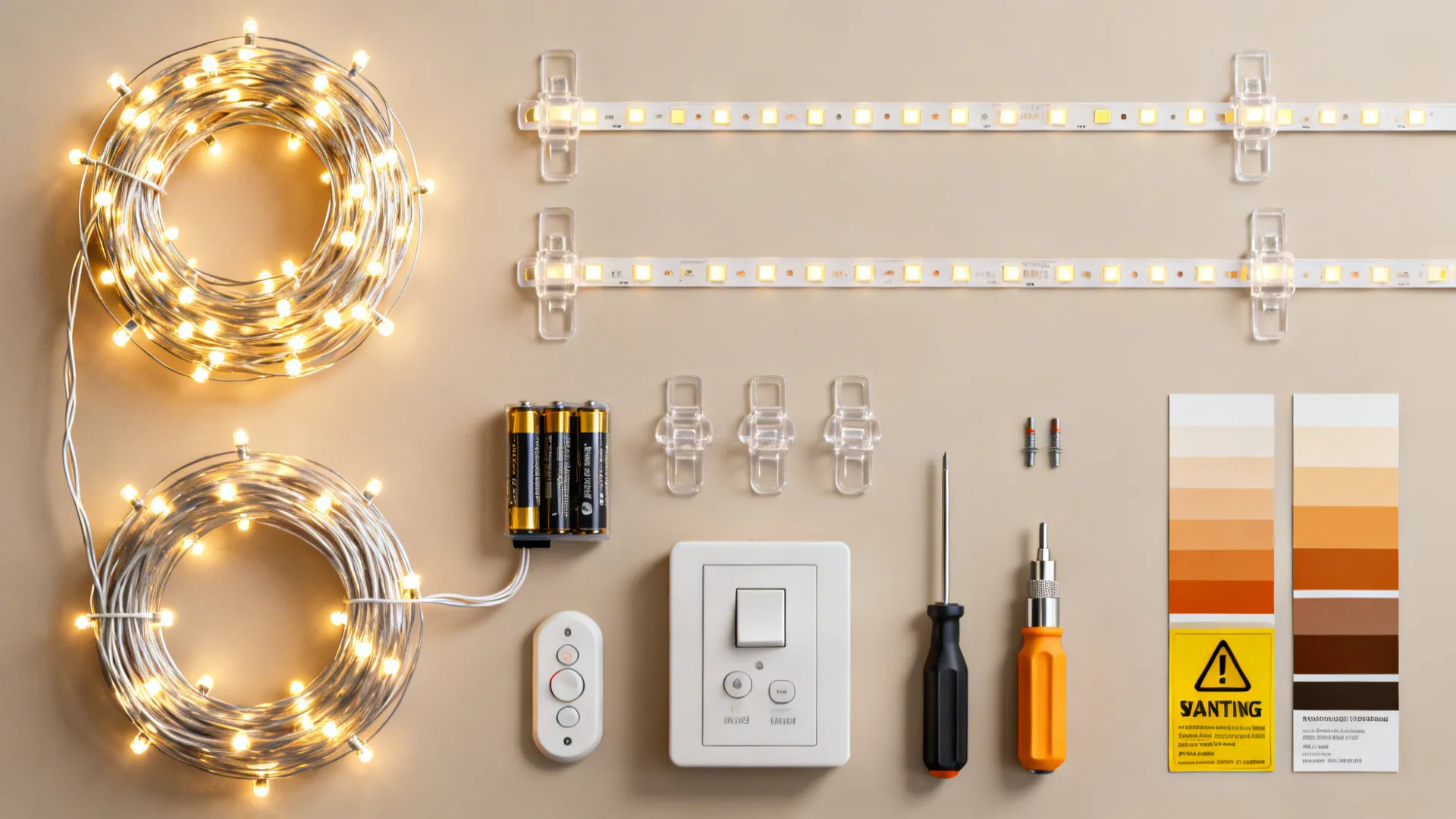 Flatlay of string light types and accessories including LED strands, battery lights, and cable clips