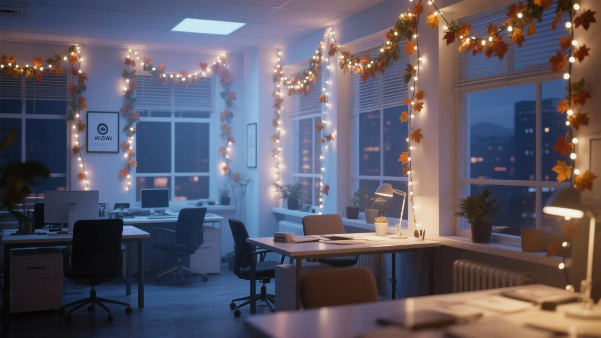 Modern office interior with desks and chairs decorated with warm string lights and autumn leaf garlands