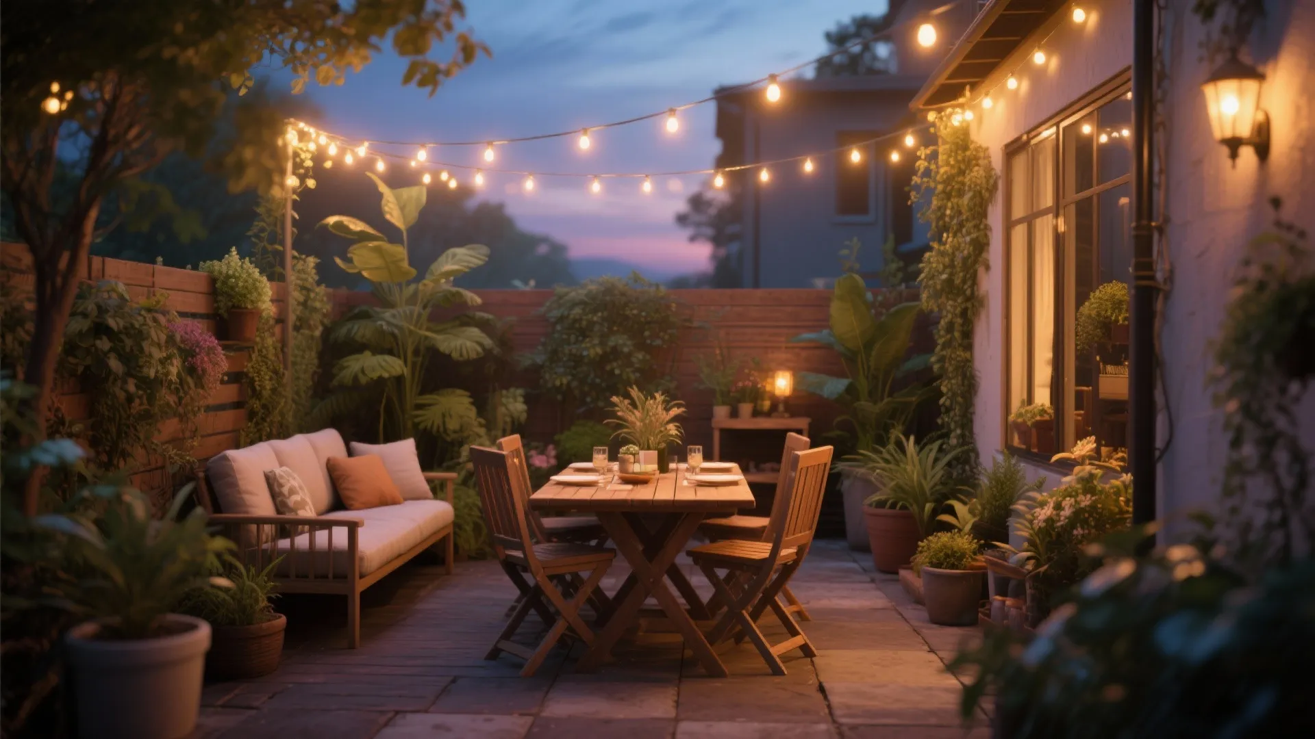 Cozy backyard patio at night with string lights hanging over a wooden table and sofa