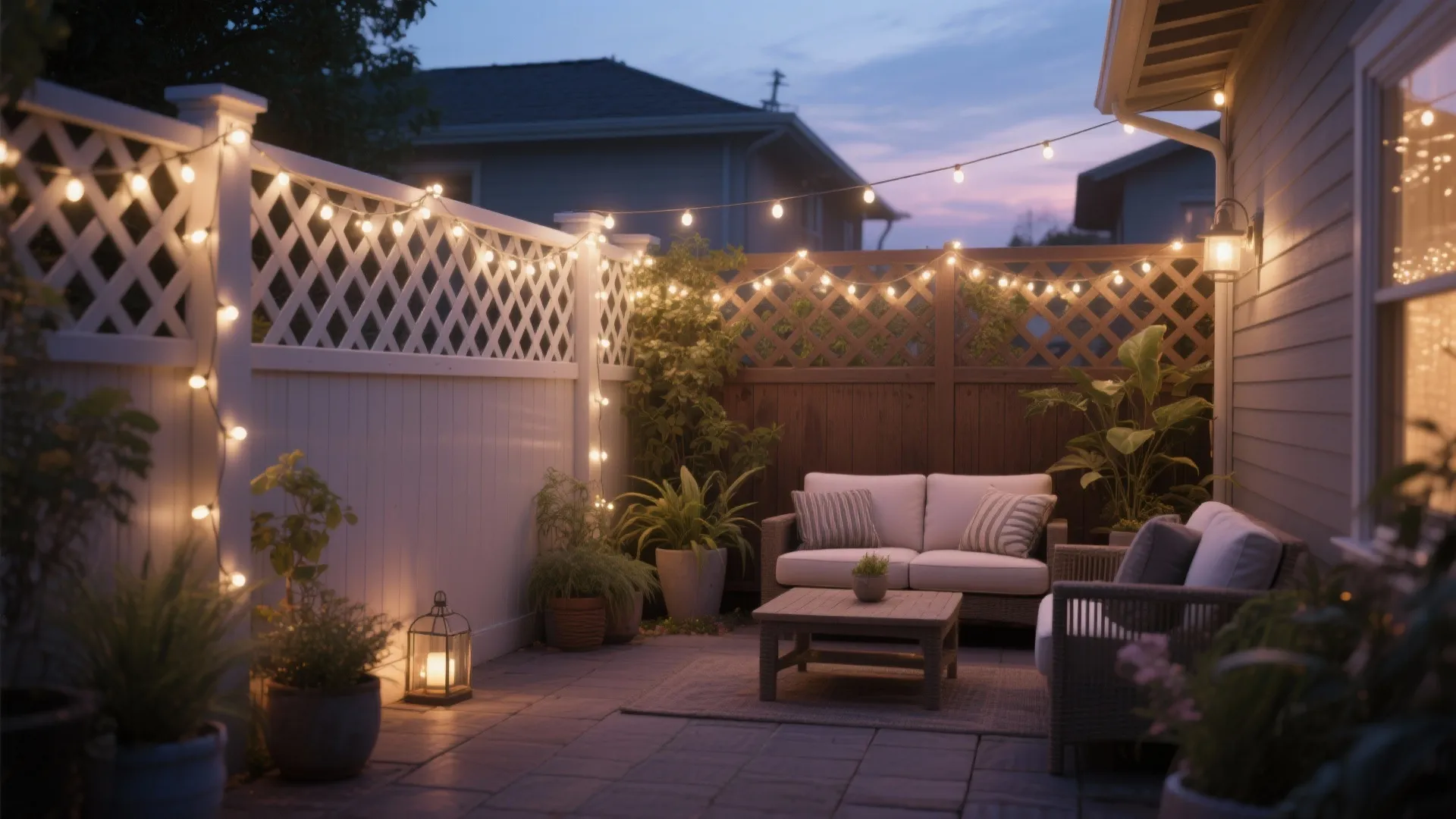 String lights adding warm ambiance to a small patio