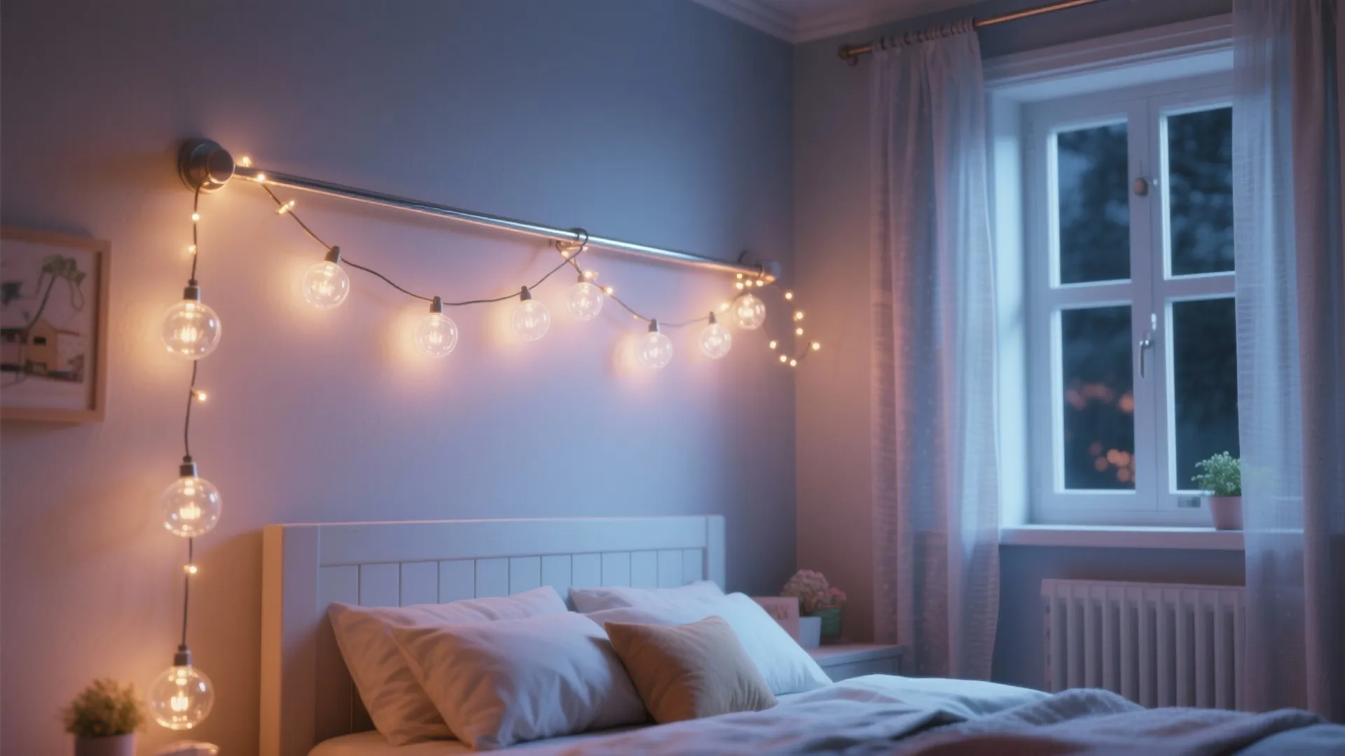 Intentional string lights mounted on a thin rail above a window, creating warm texture and clean cord routing.