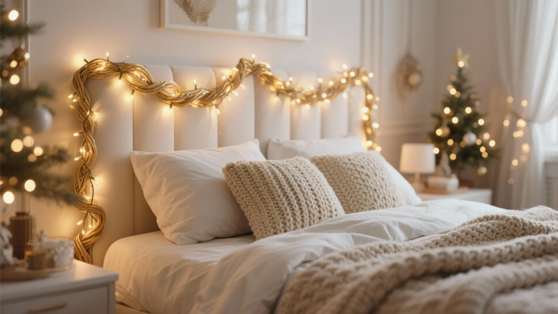 Warm string lights woven around a cozy bed headboard with knit throws