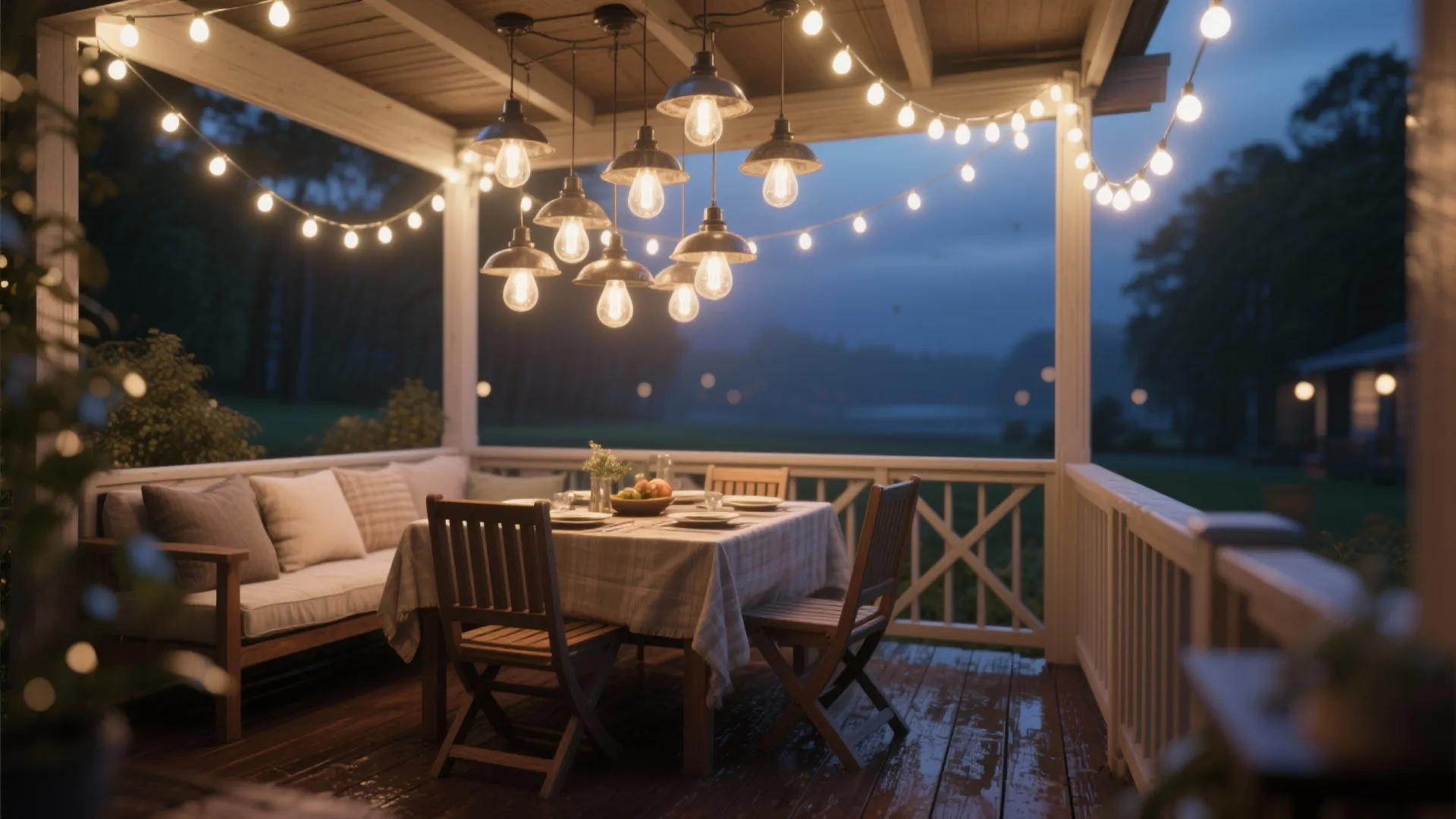Outdoor wooden porch at night with string lights over a dining table with chairs and sofa