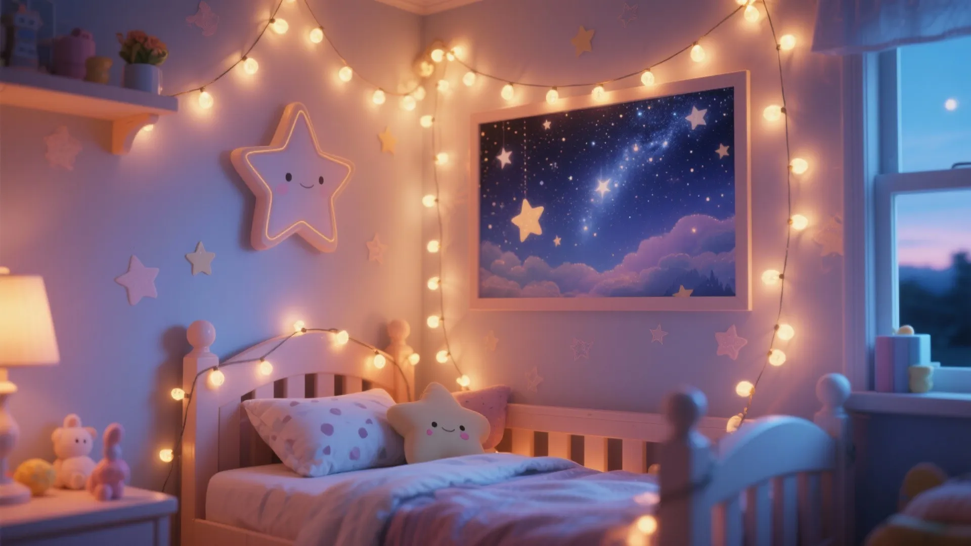 Cozy child bedroom decorated with warm string lights star shaped pillows and night sky wall