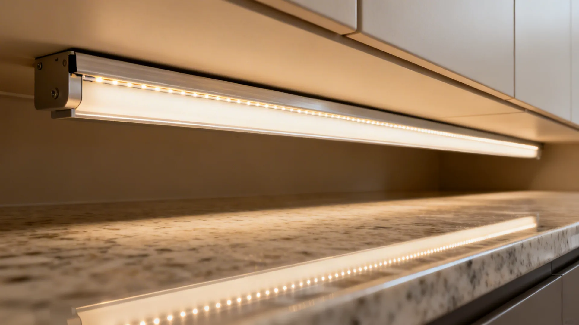 Macro view of LED strip inside an aluminum channel with an opal diffuser for smooth light.