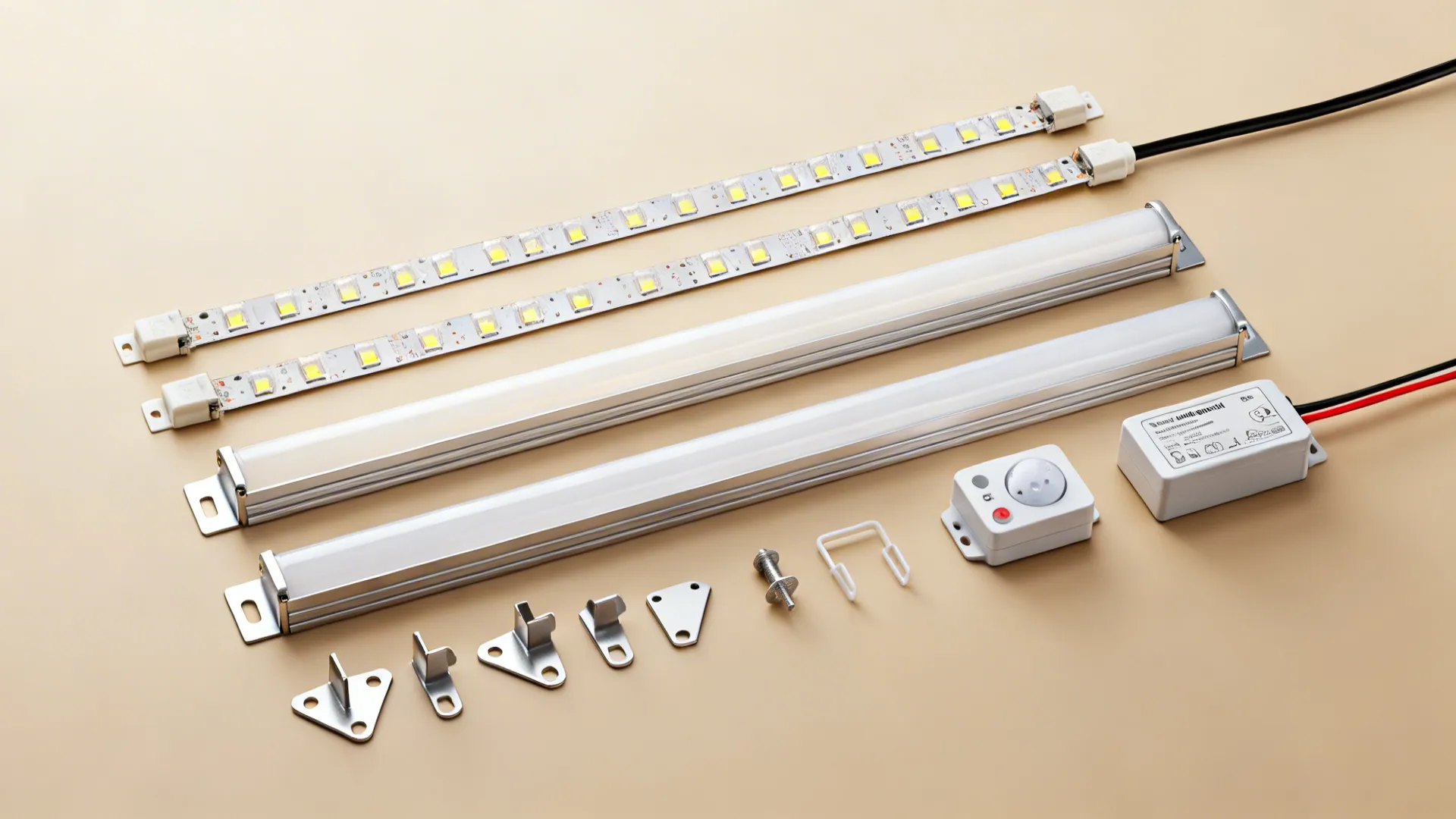 Flat lay of LED strip kit with aluminum channels, diffusers, driver, and connectors.