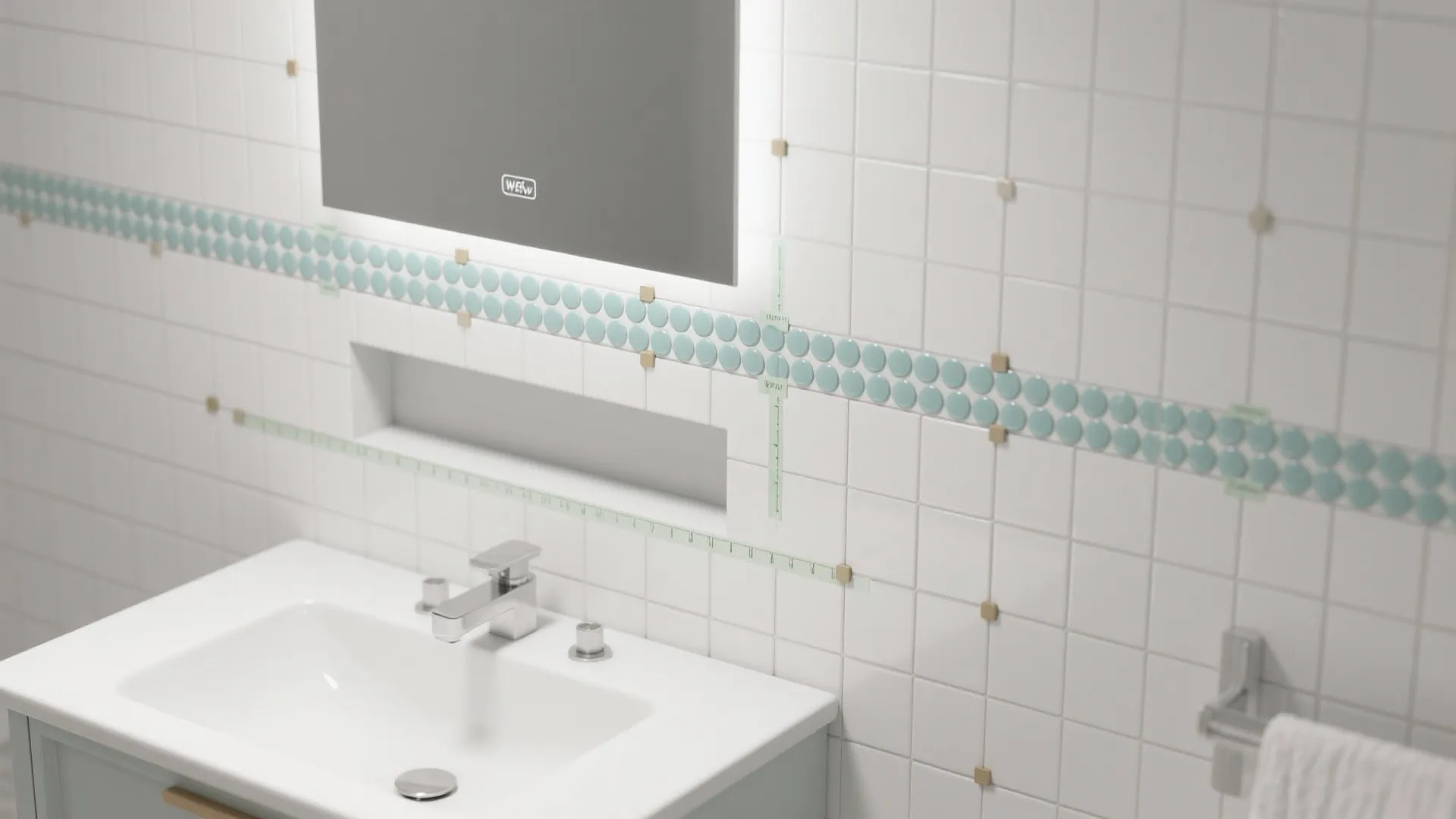 White bathroom wall tiles featuring a blue circular pattern border near a white sink area
