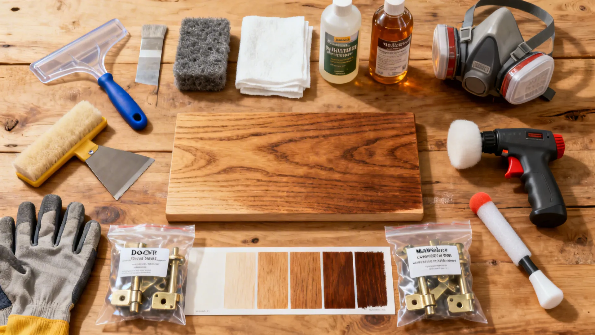 Top-down set of stripping, staining, and sealing tools with sample swatches on a wood workbench.