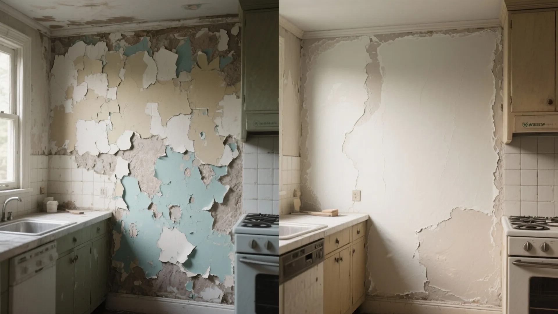 Before and after comparison of old kitchen wall with peeling paint and new smooth surface