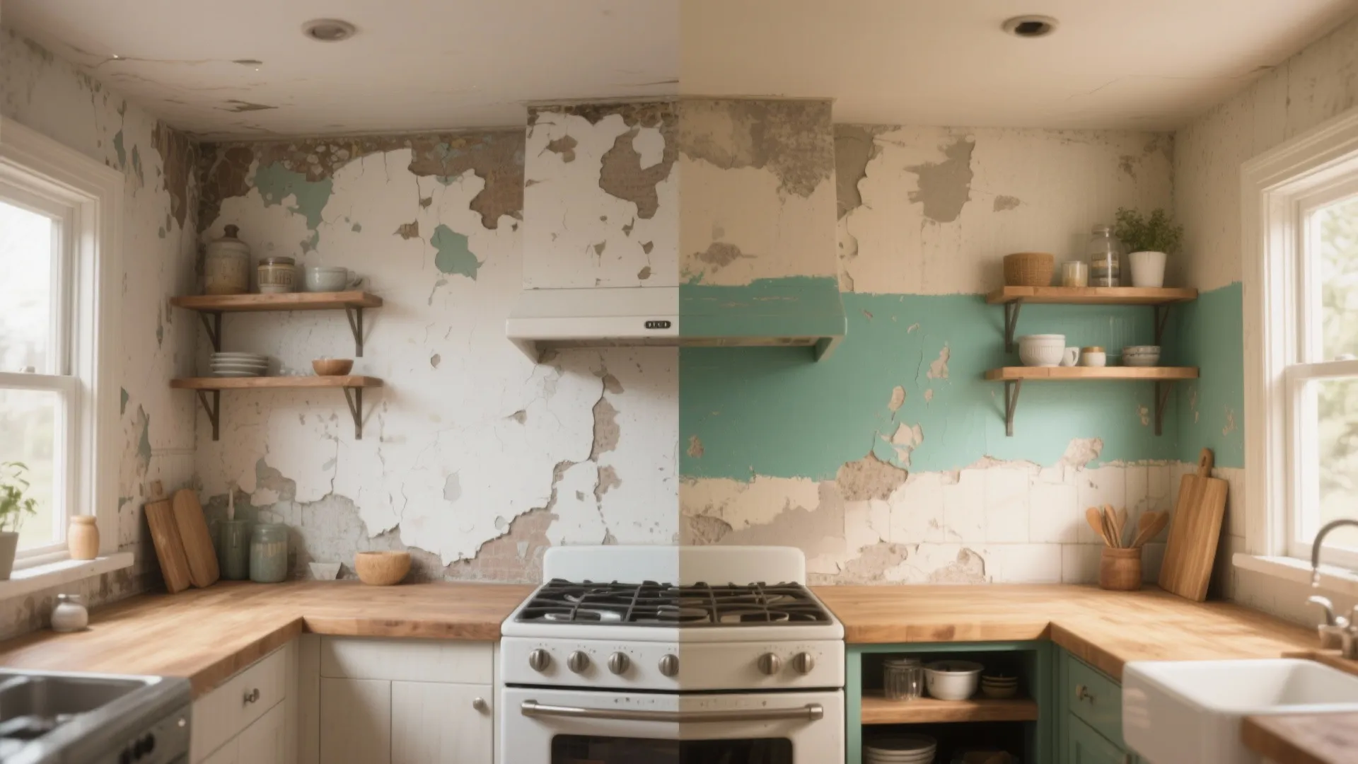 Before and after comparison of kitchen wall renovation with peeling white paint and green paint