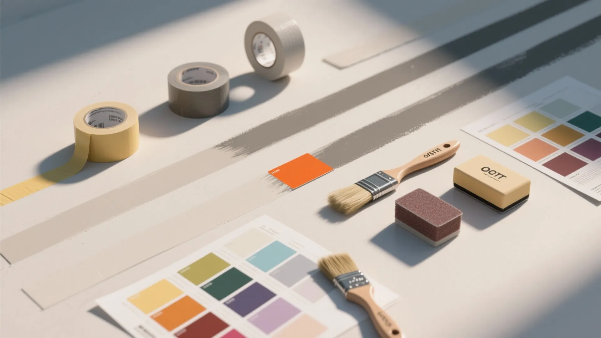 Flat lay of painting tools including brushes adhesive tape color swatches and sponges on white surface