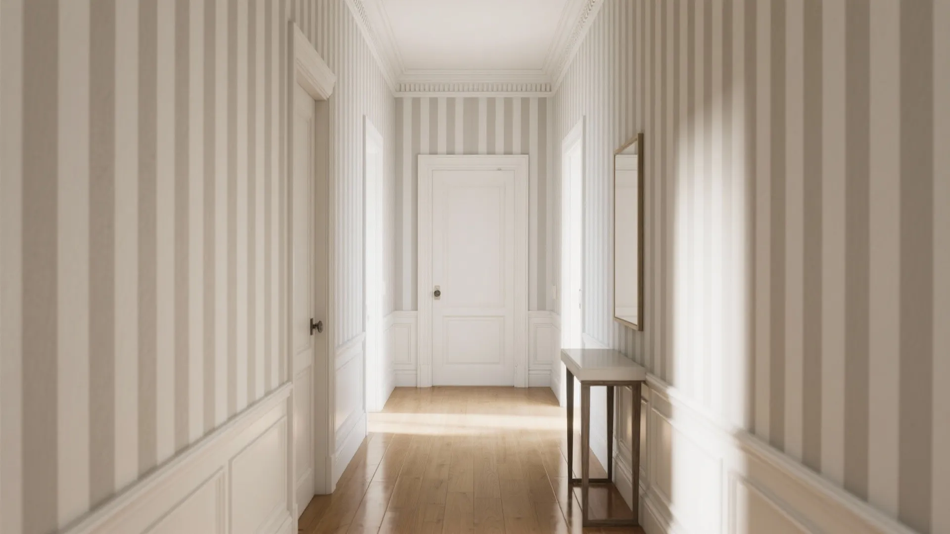 Elegant hallway featuring striped wallpaper white wall panels wooden flooring and a small wooden side table