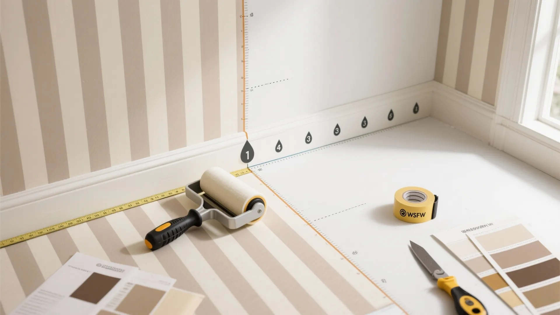 Wallpaper installation scene with striped wall paper paint roller tape measure and paper color swatches