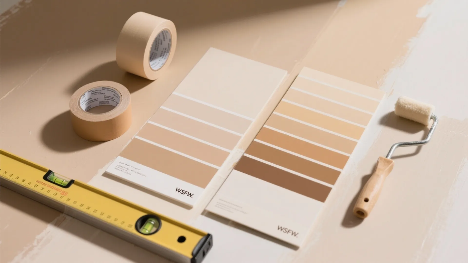 Flat lay of neutral paint swatches, tape, and tools for subtle stripe walls.