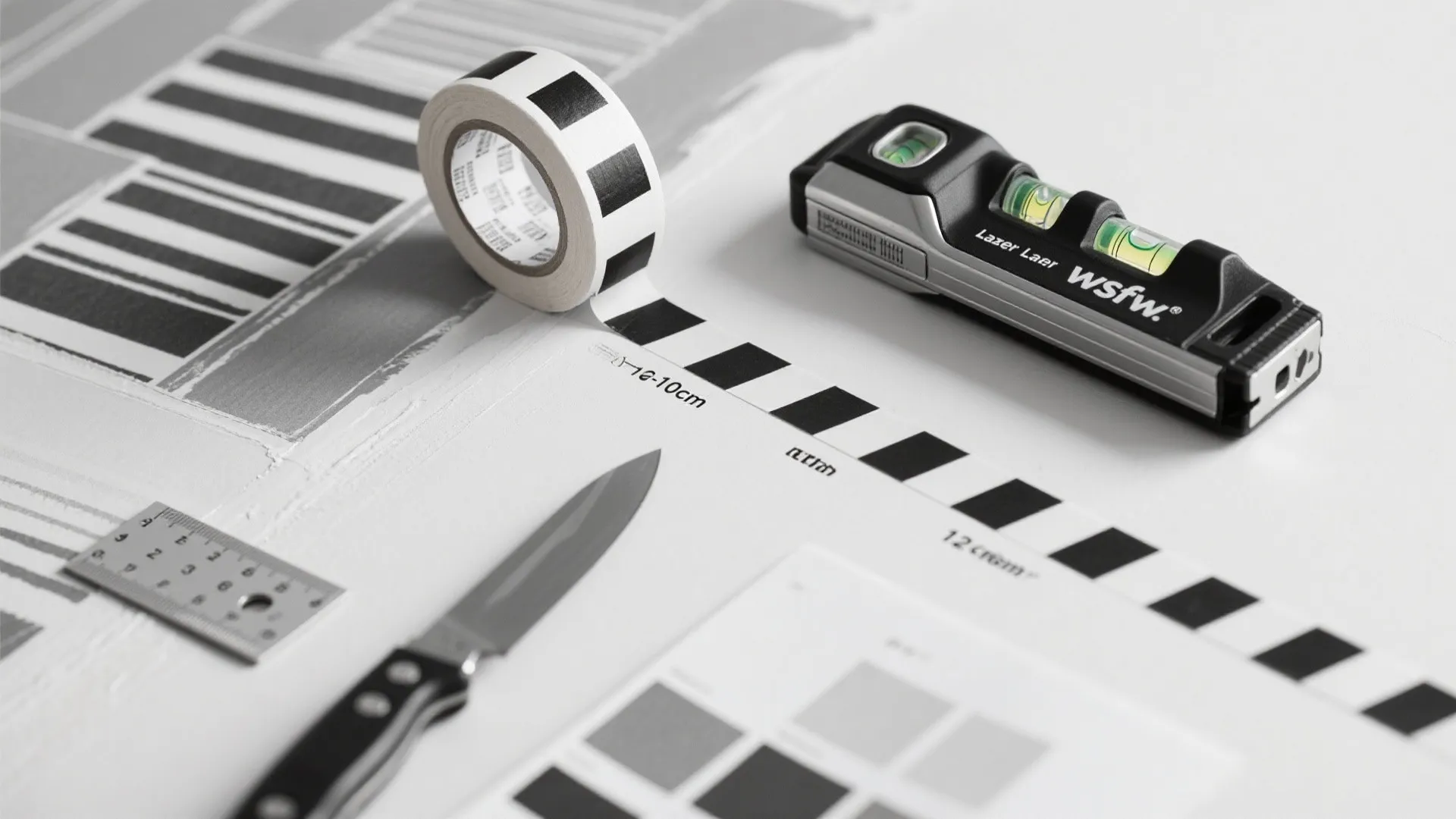 Work desk with tape measure and level tool plus knife and ruler for home decoration