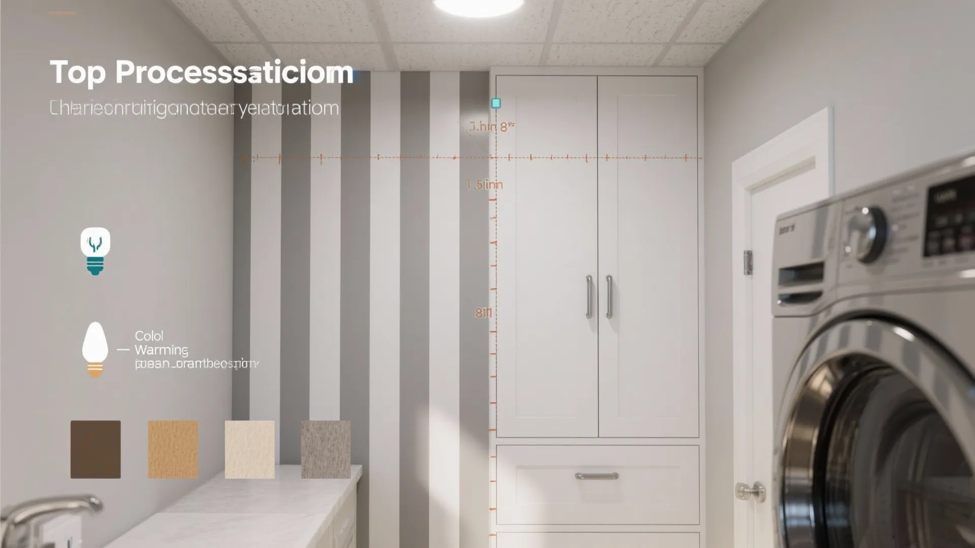 Laundry room design software interface showing striped wallpaper with white cabinets and four color palettes