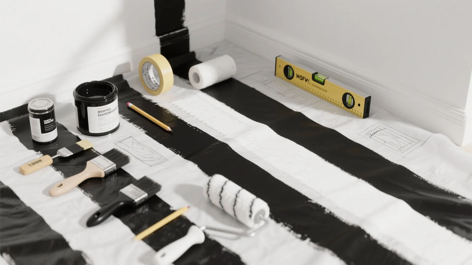 1) Minimal graphic stripes that stretch the room