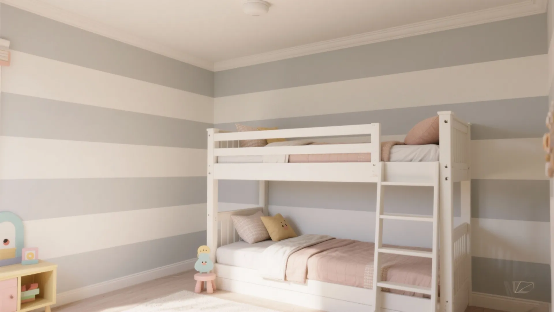 Kids bedroom with white bunk bed and grey and white striped wall and light floor